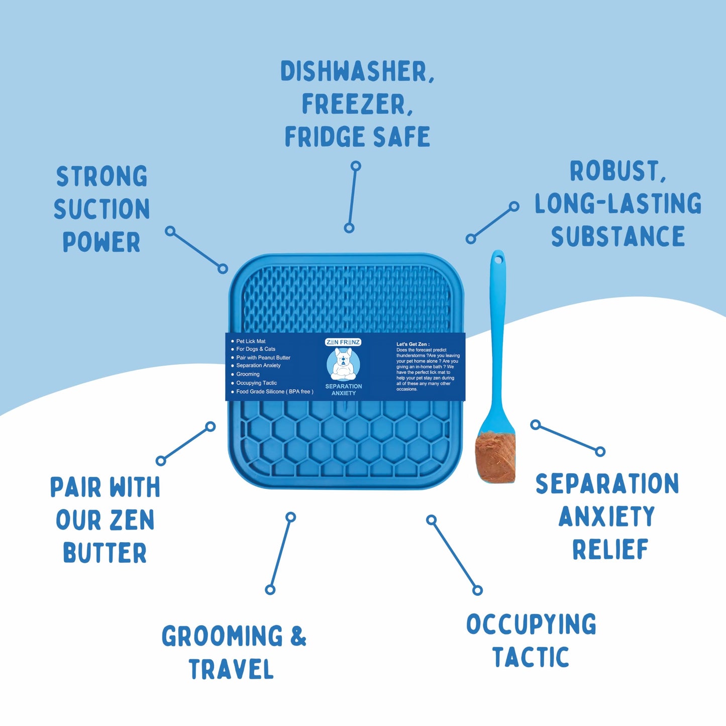 Zen Frenz Premium Lick Mat for Dogs & Cats with Suction Cups and Spatula Spreader for Pet Separation Anxiety Relief, Slow Feeder, Perfect with Peanut Butter, Occupying Tactic, Grooming, and Travel