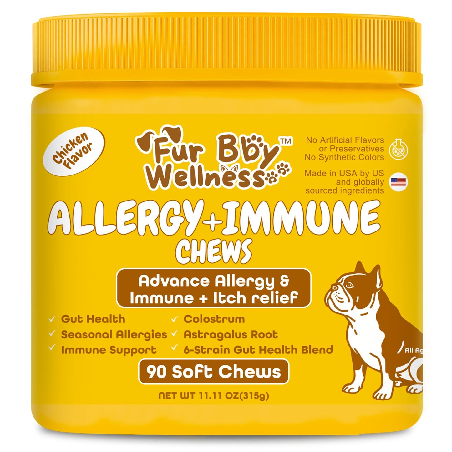 Allergy & Immune Support Chews for Dogs Seasonal Allergy Relief, Itchy Skin, Probiotics for Gut Health & Strong Immunity with Colostrum, Astragalus, Yeast Fermentate & Probiotic Blend 90 Soft Chews