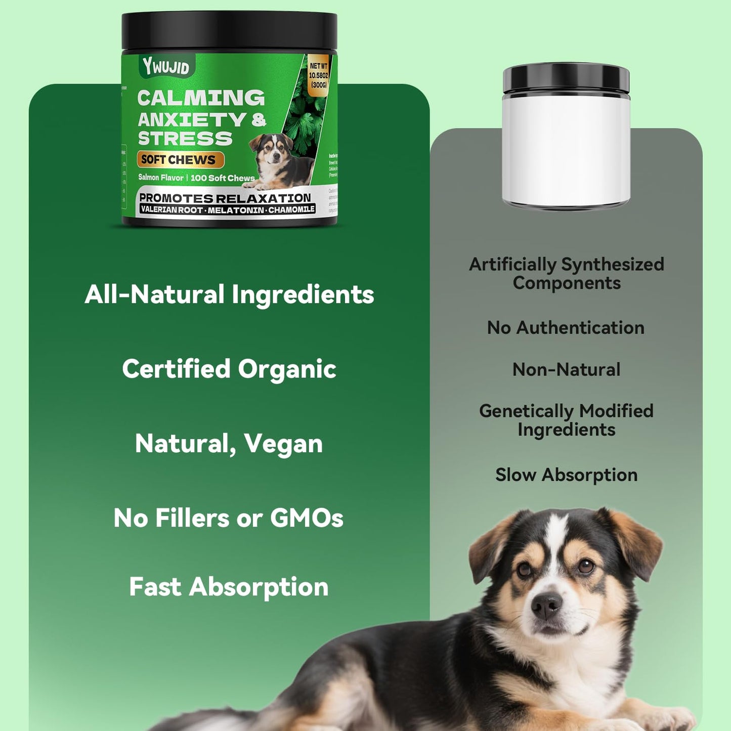 YWUJID Calming Chews for Dogs - Natural Soothing Treats for Anxiety, Stress, Travel, Thunder & Fireworks - Tasty Soft Chews for All Breeds & Sizes - 100 Count