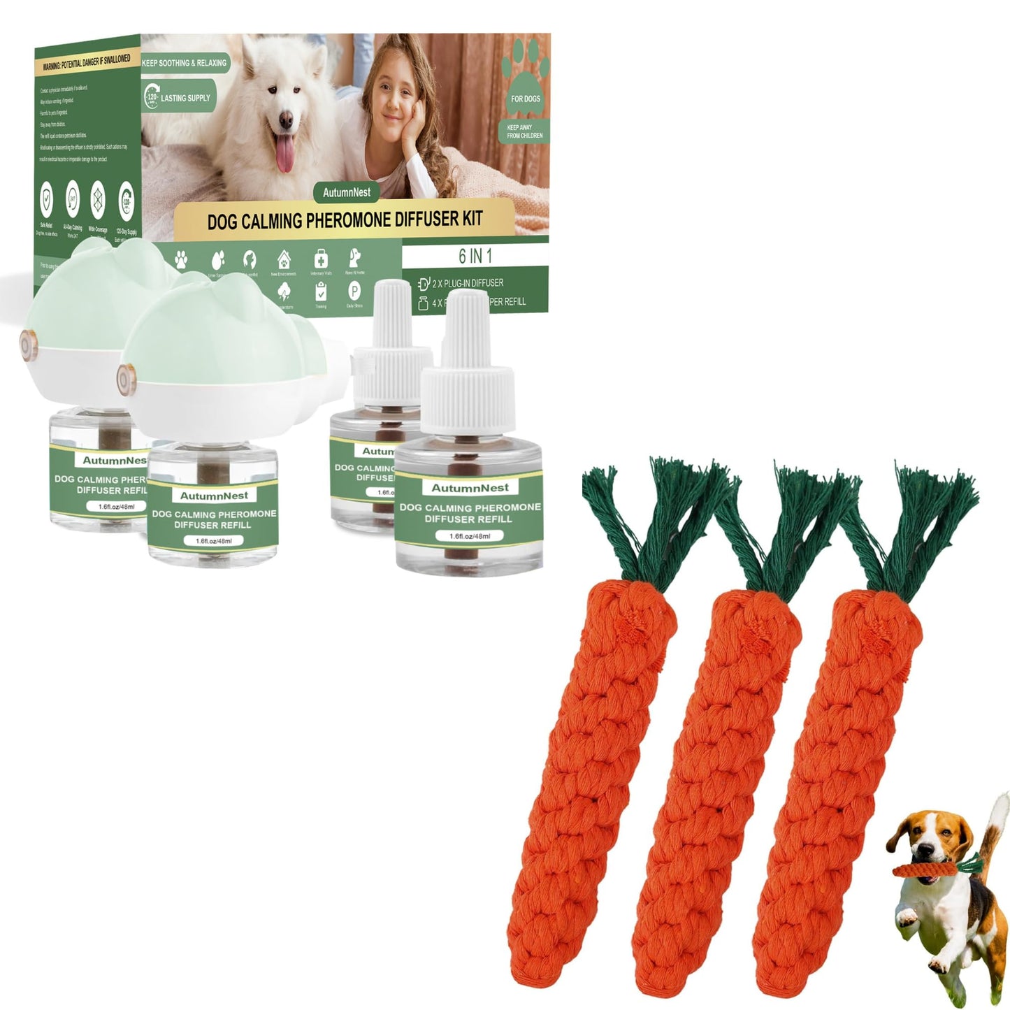 Dog Calming Diffuser with Light & 4 Refills (48ml Each) + 3PCS Orange Woven Chew Toys – 120-Day Plug-in Kit and Pet Play Set for Dogs, Cats, and Small Animals