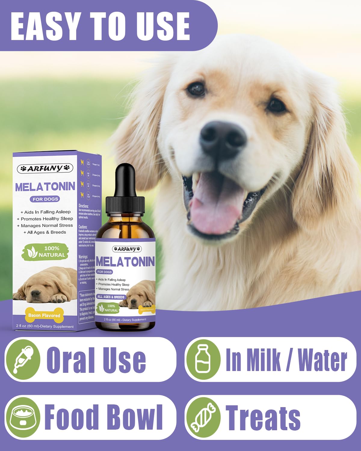 Melatonin for Dogs - Natural Calming Drops for Anxiety & Stress - with Valerian Root, Ashwagandha, L-Theanine - Liquid Melatonin for Dogs Helps with Sleep, Thunder, Fireworks - Bacon Flavor