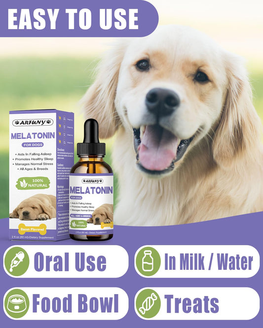 Melatonin for Dogs - Natural Calming Drops for Anxiety & Stress - with Valerian Root, Ashwagandha, L-Theanine - Liquid Melatonin for Dogs Helps with Sleep, Thunder, Fireworks - Bacon Flavor