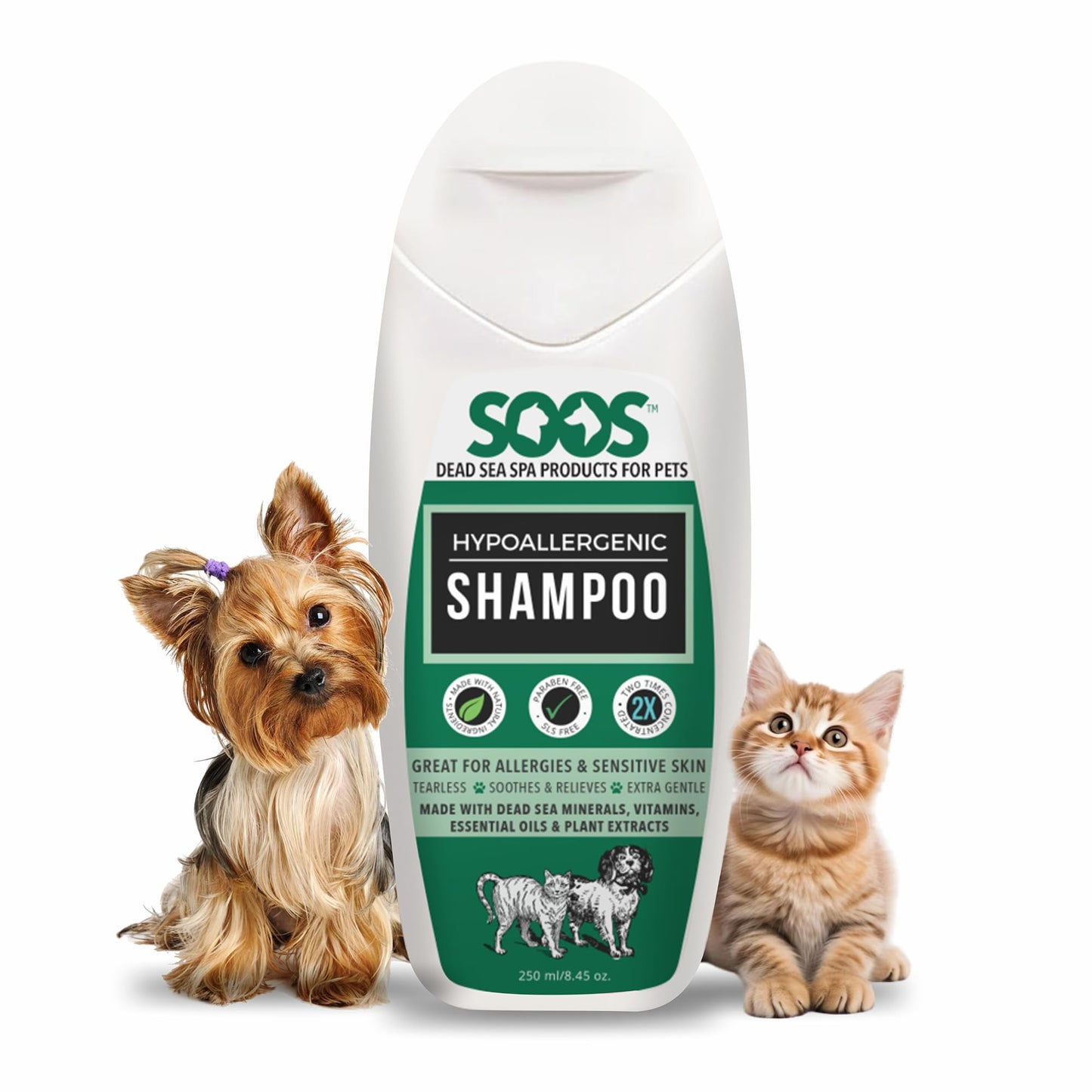 Soos Pet Shampoo Hypoaller-genic Cat and Dog Shampoo Natural Dead Sea Minerals Fast Absorbing Soothes Skin Irritation with Vitamins Essential Oils - 1 Pack (250ml)