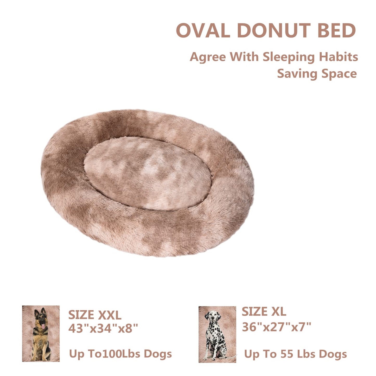 Coohom Oval Calming Donut Cuddler Dog Bed,Shag Faux Fur Cat Bed Washable Round Pillow Pet Bed(30"/36") for Small Medium Dogs (XXL(43"x34"x8"), Beige2021)