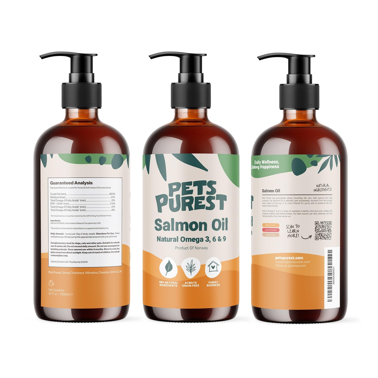 Pets Purest Salmon Oil for Dogs, Cats, Horses, Ferrets & Pets - 32 Fl Oz 100% Pure Premium Food Grade - Natural Omega 3, 6 & 9 Supplement - Promotes Coat, Skin, Joint and Brain Health