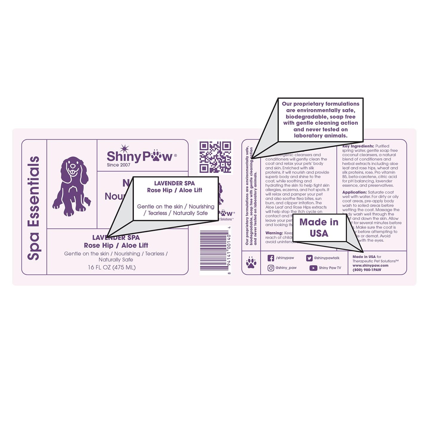 Lavender Shampoo Spa Essentials Nourishing Dog Body Wash by Shiny Paw (16 oz) | Anti Itch Shampoo for Dogs | Dog Bath Coat Cleansing for Dogs | Made in The USA