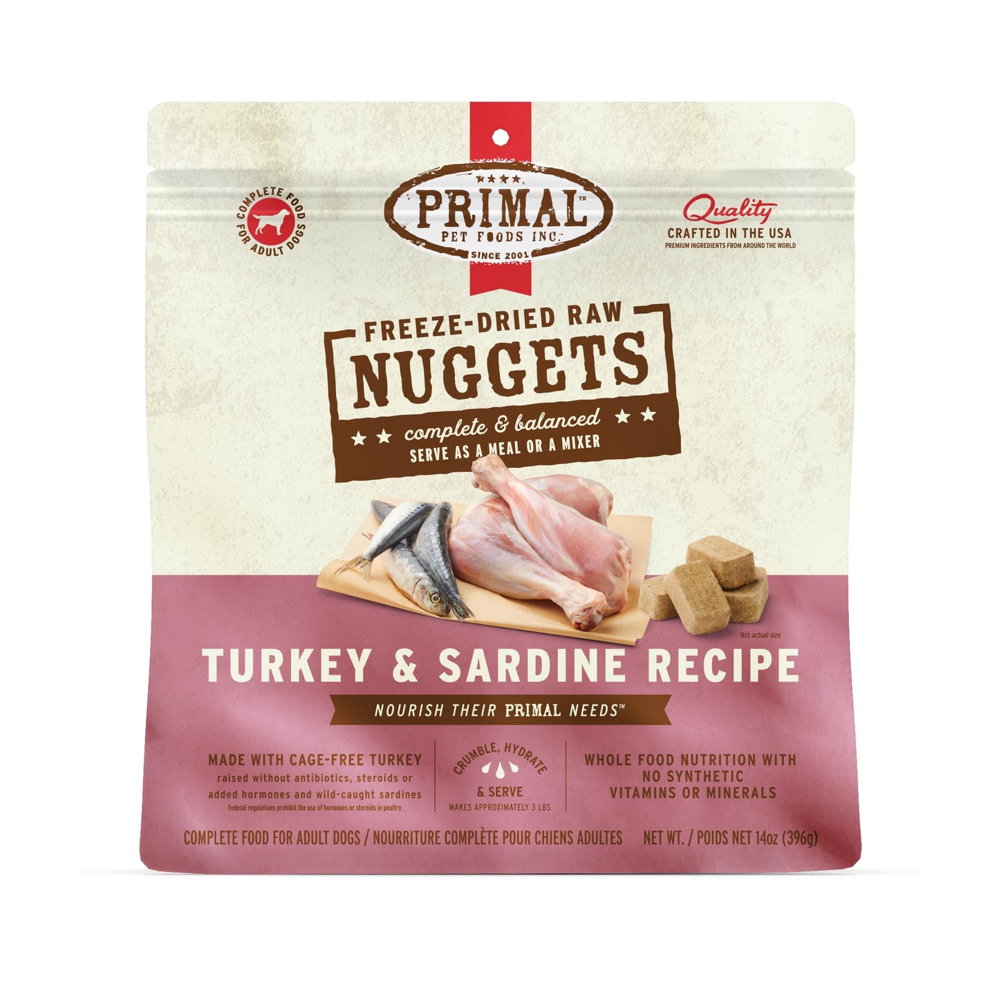 Primal Freeze Dried Raw Dog Food Nuggets, Turkey & Sardine Complete & Balanced Meal, Also Use as Topper or Treat, Premium, Healthy, Grain Free, High Protein Raw Dog Food, 14 oz