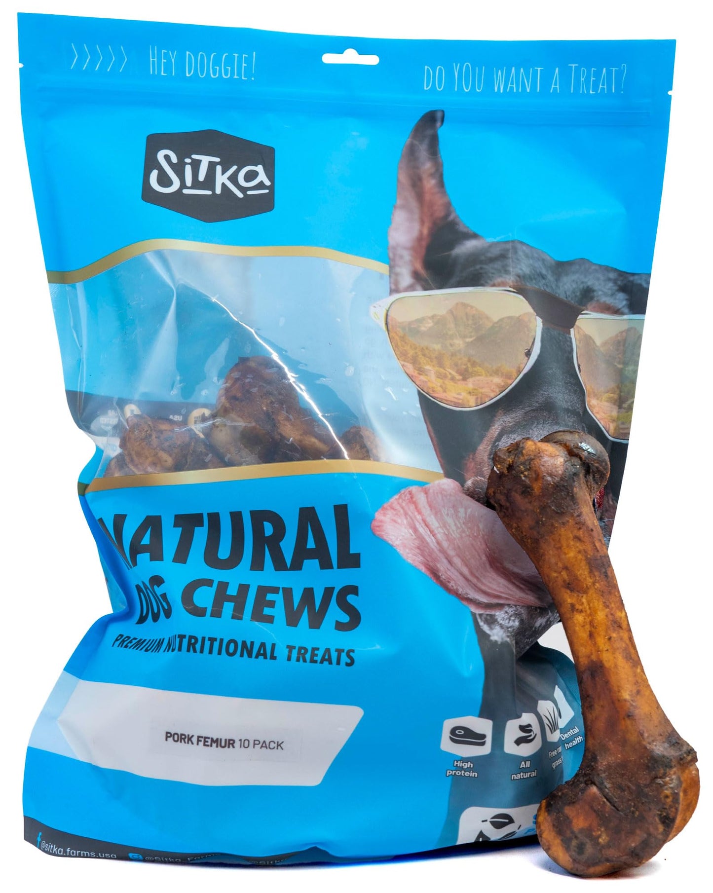 Sitka Farms Pork Femur Premium Dog Bones - 10 Count - Real Smoked Meaty Bones for Medium and Large Dogs - Alternative to Bully Sticks - Teeth Cleaner for Aggressive Chewers
