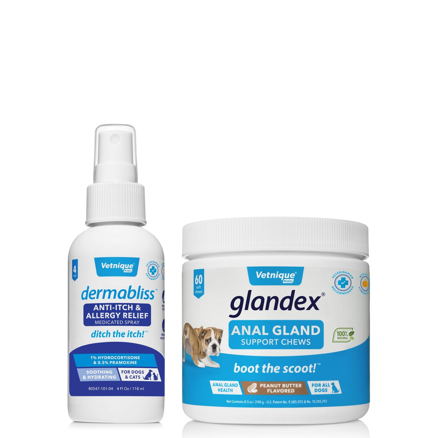 Vetnique Labs Dermabliss Anti-Itch & Allergy Relief Spray (4oz) and Glandex Anal Gland Support Chews 60 Count Bundle Vet-Strength Anal Gland Dog Treats, Hydrocortisone Spray Itch Relief for Dogs