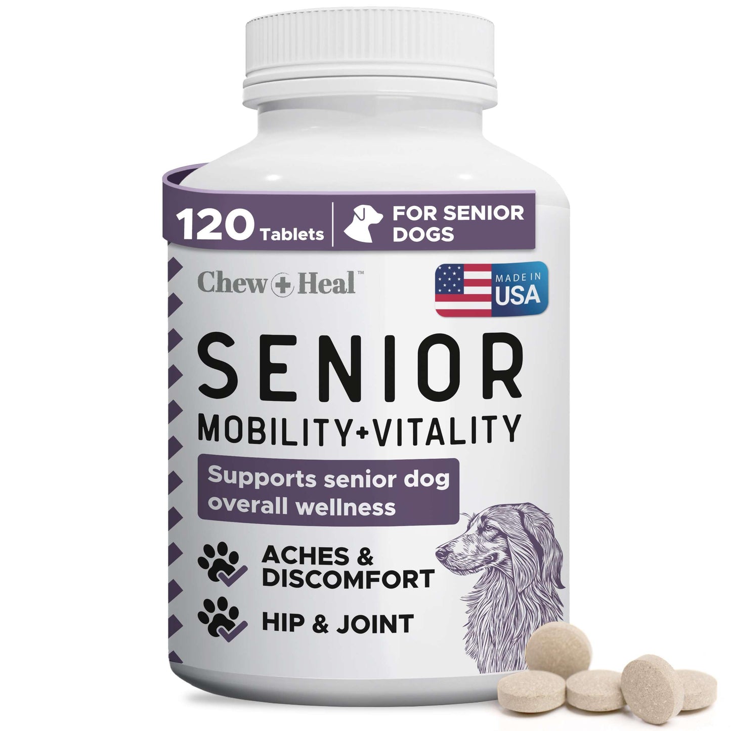 Mobility and Vitality Supplement for Senior Dogs - 120 Tablets for Senior Dog Wellness and Pain Reliever - Made with Glucosamine, MSM, Yucca, and More for Hip and Joint Support - Made in the USA