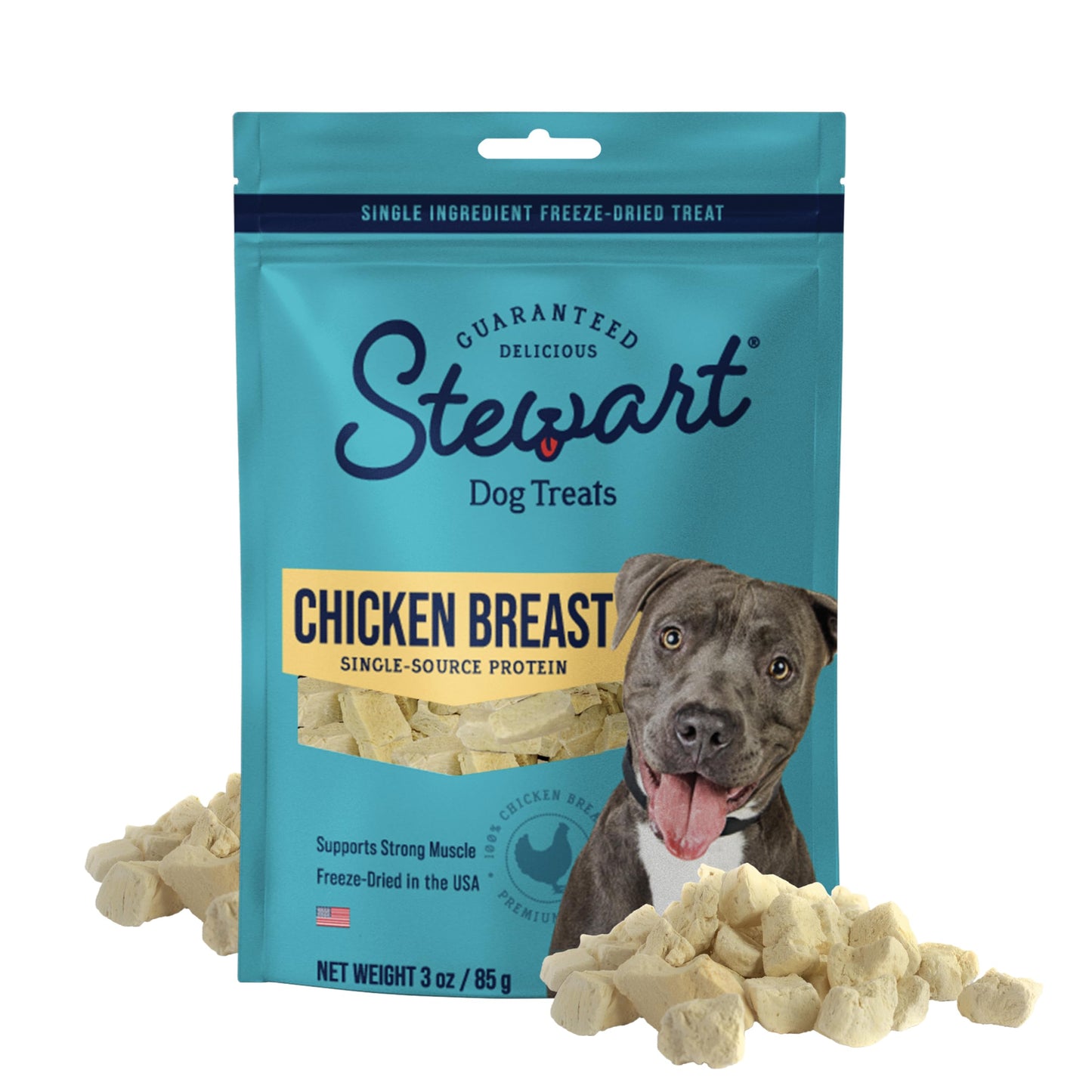 Stewart Single Ingredient Freeze Dried Raw Dog Treats, Chicken Breast, 3 Ounce, Approx. 55 Pieces per Resealable Pouch, Training Treats or Meal Topper, High Protein, Grain Free, Gluten Free