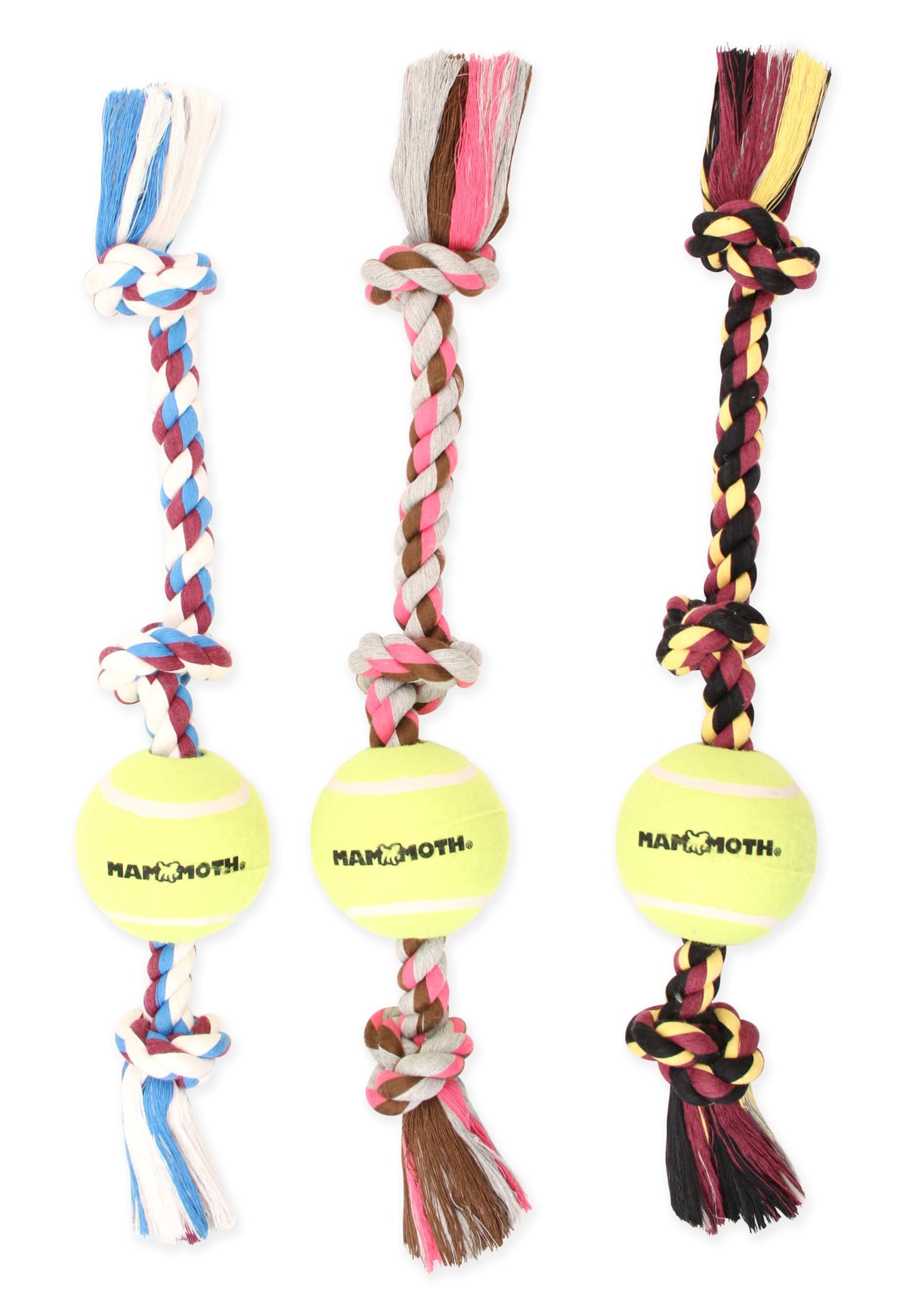 Mammoth Flossy Chews Color 3 Knot Tug w/Large Tennis Ball – Premium Cotton-Poly Tug Toy for Dogs – Interactive Dog Tug Toy – Rope Dog Toy with Tennis Ball for Large Dogs - 24”