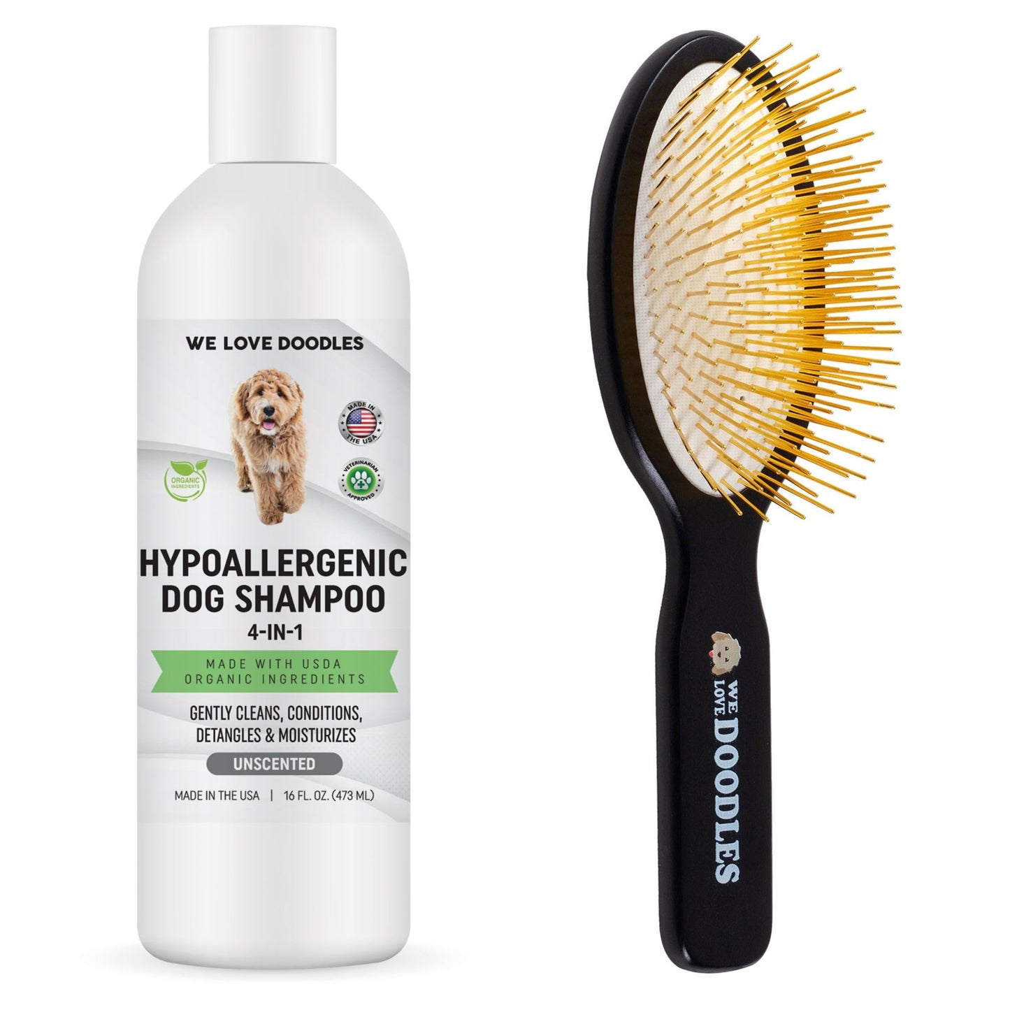 We Love Doodles Hypoallergenic Dog Shampoo, Conditioner & Detangler and Dog Pin Brush - Organic Ingredients, Sensitive Skin & Allergies, Detangler Brush for Shedding & Removing Loose Fur, Made in USA
