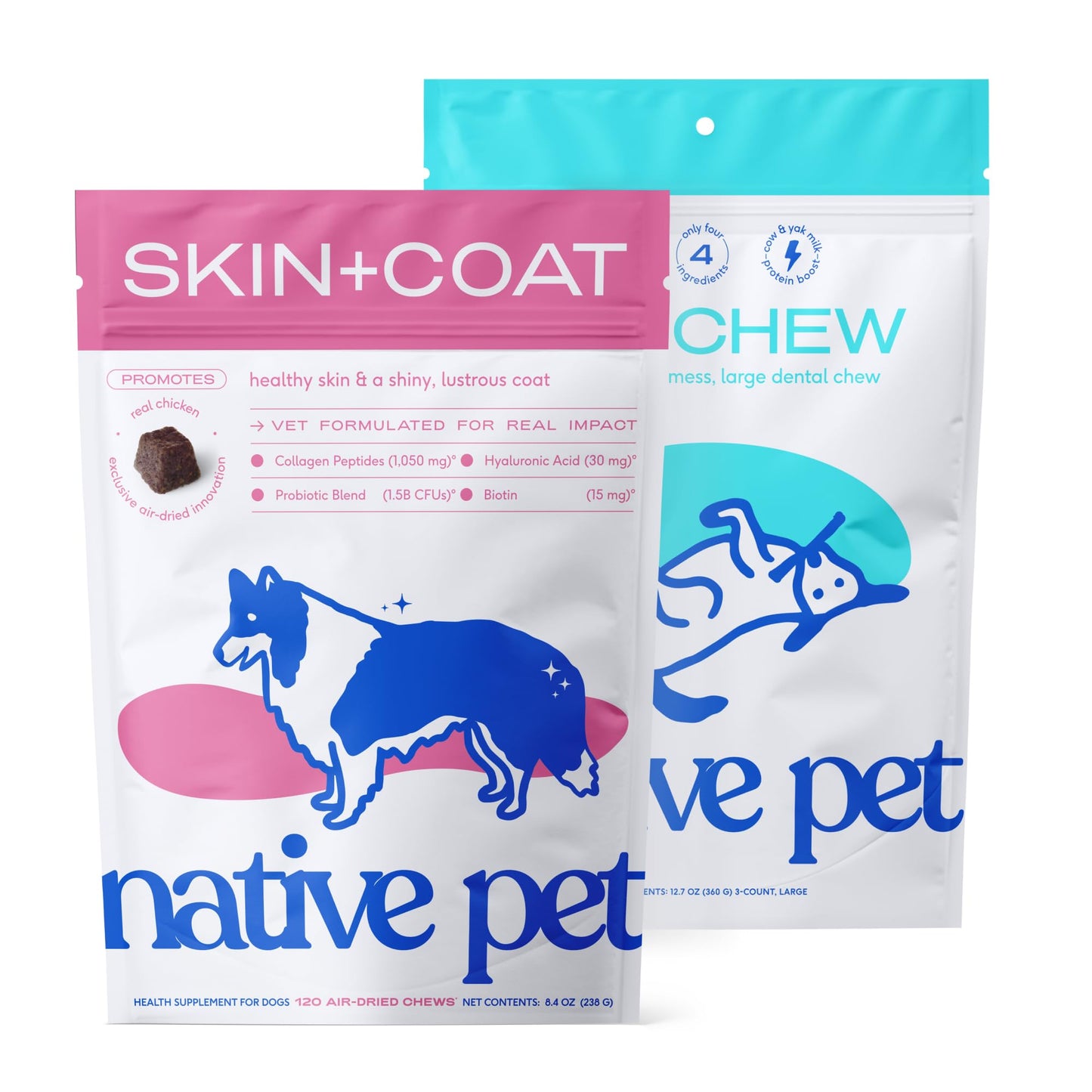 Native Pet Omega Skin and Coat Chews for Dogs (120 Air-Dried Chews) & Yak Chew (3 Large Chews) - All Natural Dental Sticks Made with Yak Cheese & Pure Omega 3 Fish Oil