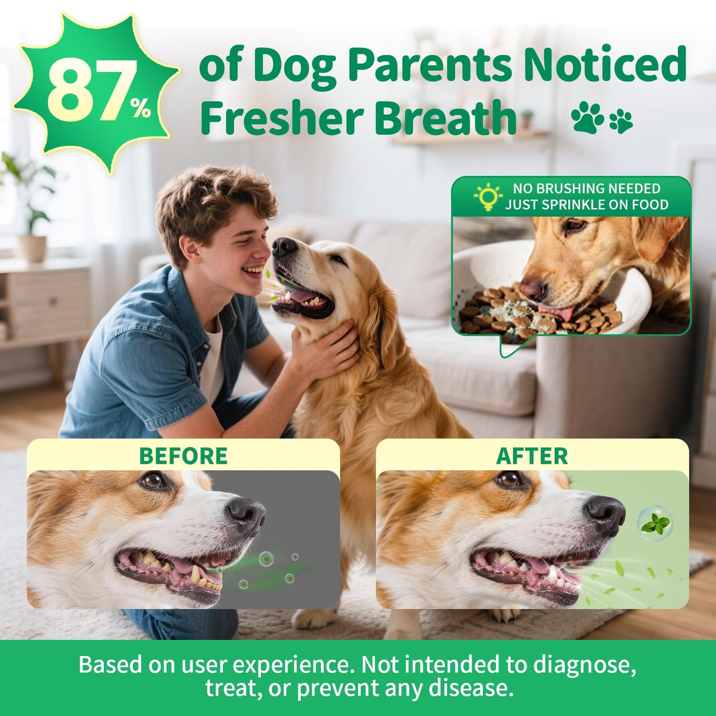 POPPAW Dog Dental Powder – Teeth Cleaning Powder with 6B CFU Probiotics, Enzymes & Antioxidants, Plaque & Tartar Off, Fresh Breath Support, No Brushing Oral Care, Mint Chicken Flavor, 75 Servings