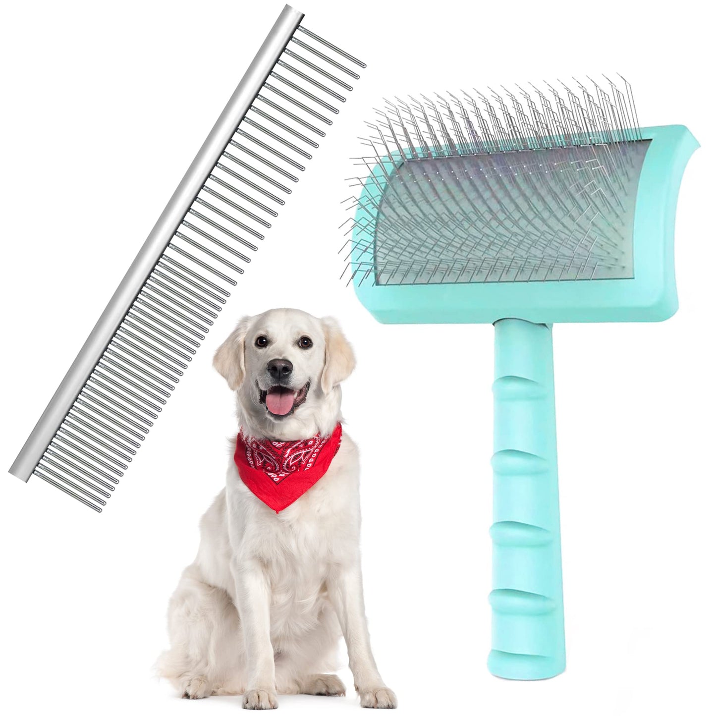 Neathoiho Large Slicker Brush & Green-comb Value Kit, Extra Long Pin Dog Grooming Brush for Curly Hair Goldendoodles, Removes Long and Loose Hair & Undercoat