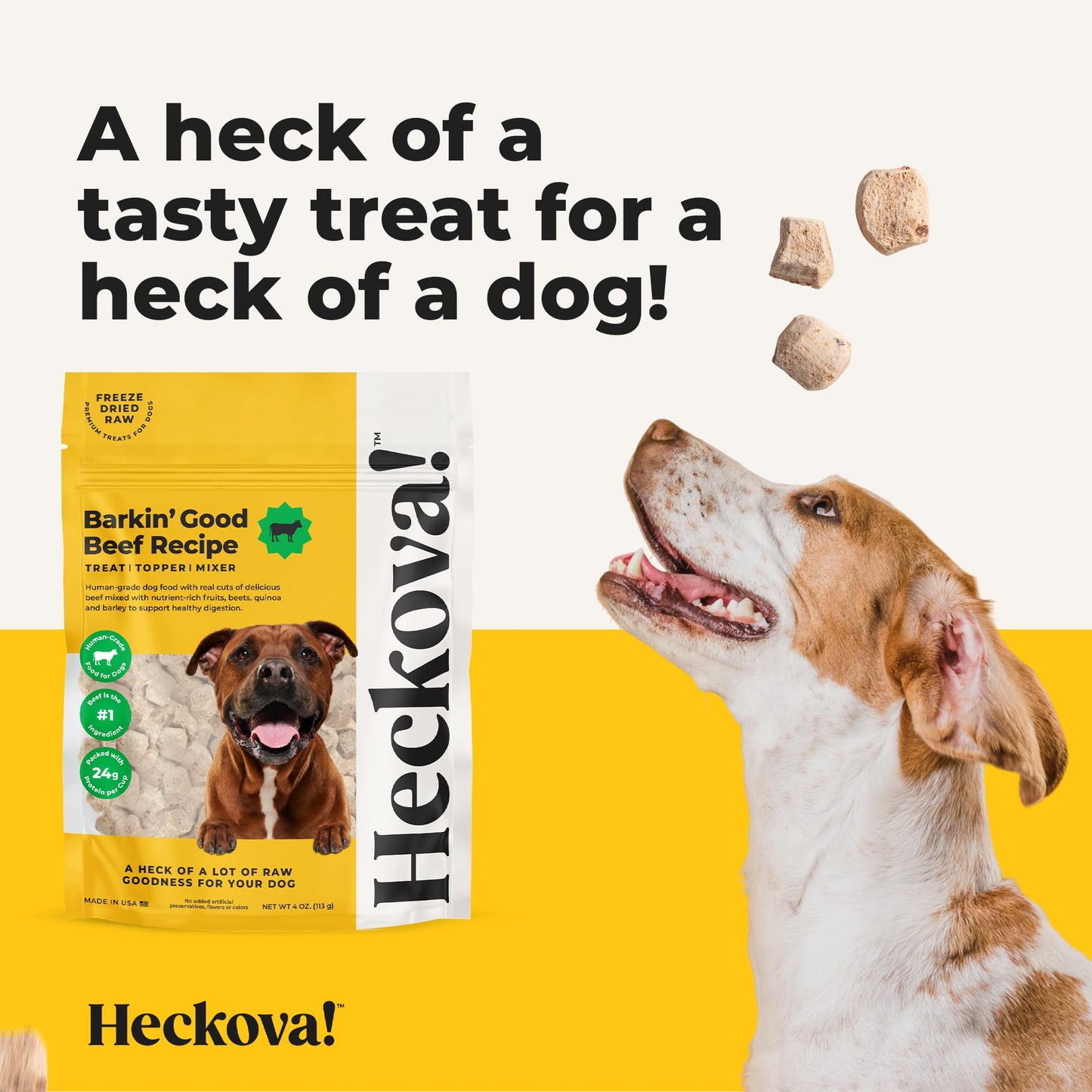 Heckova! Barkin’ Good Beef - Freeze Dried Raw Dog Treats, Human Grade Beef Heart and Liver for Training, Meal Topper, High Protein, 24g Per Cup, Made in The USA, 4oz Bag