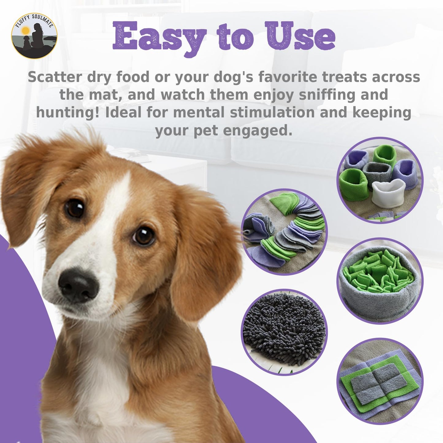 Fluffy Soulmate Paw Shaped Snuffle mat 29"x29" for Small, Medium, Big Size Dogs, Cats; Interactive Slow Feeding Sniffing mat for Mental Stimulation, Puzzle Toy for Encourages Natural Foraging Skills