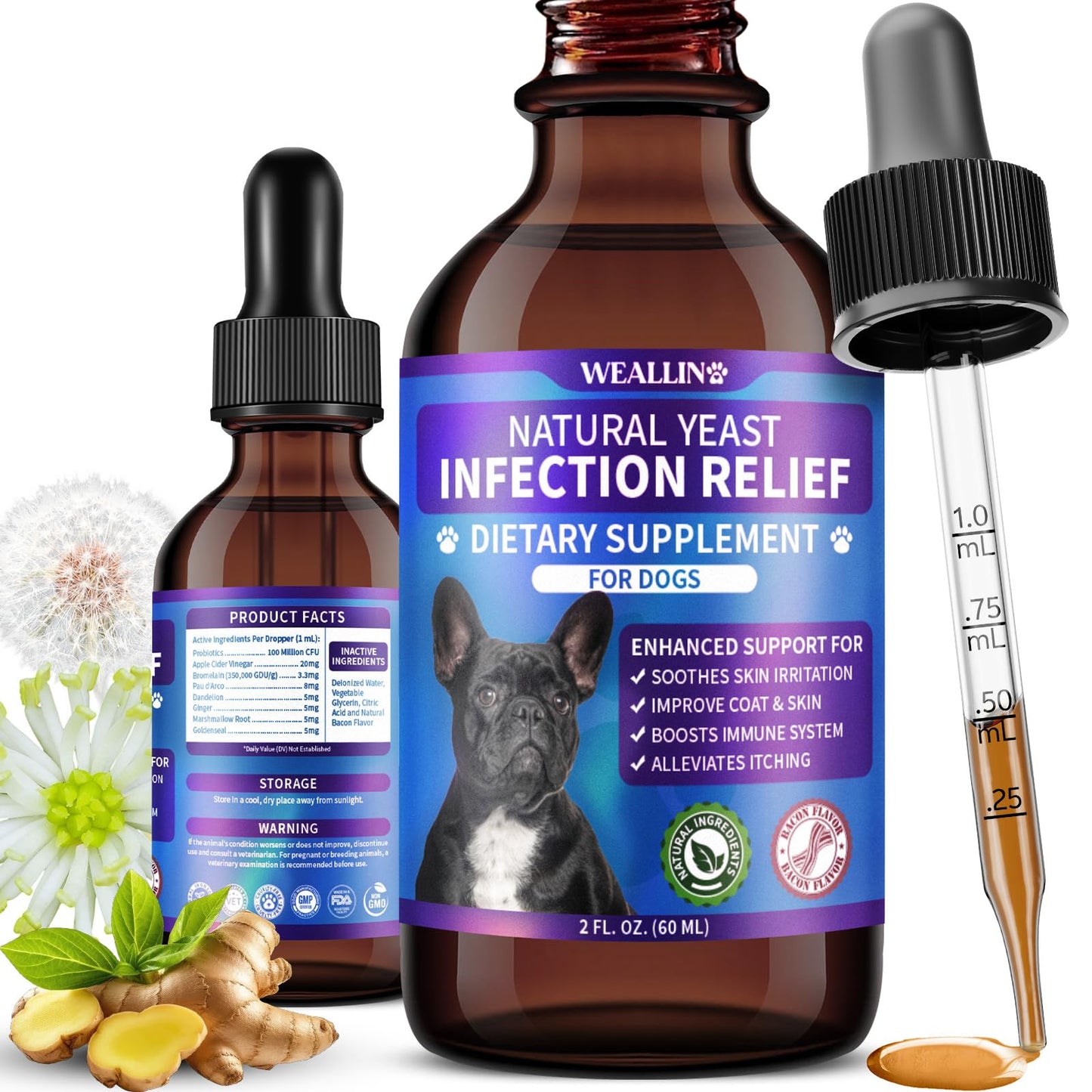 Natural Yeast Infection Treatment for Dogs | Probiotic-Powered Drops with 8-Herbal Blend | Supports Skin, Ears, Allergy Relief | Dog Yeast Infection Treatment Oral Supplement | Bacon-Flavored