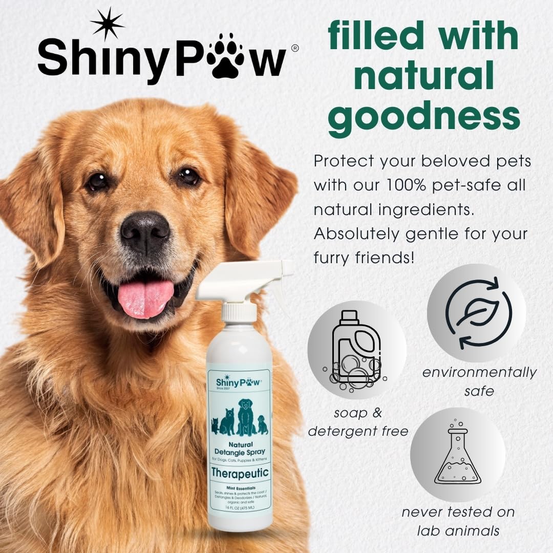 Pet Detangler Spray for Dogs & Cats 16 oz by Shiny Paw | Mint Essentials Detangler Spray | Hypoallergenic Dogs Detangler | Shines & Restores Coat | Made in The USA