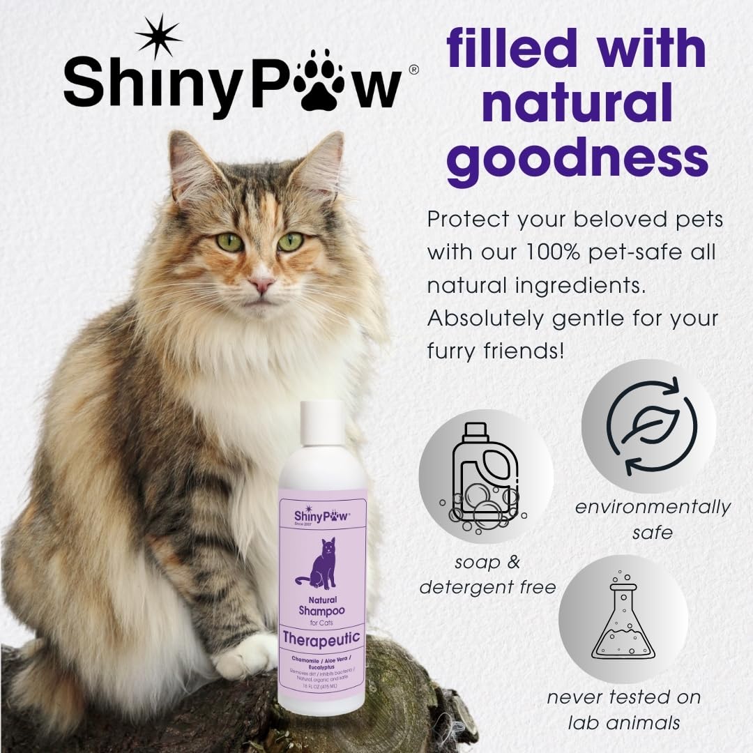 Natural Cat Shampoo for Itchy Skin with Chamomile, Aloe Vera & Eucalyptus by Shiny Paw 16 oz | Hypoallergenic Feline Shampoo for Sensitive Skin Itch Relief | for Adult & Senior Cats | Made in USA