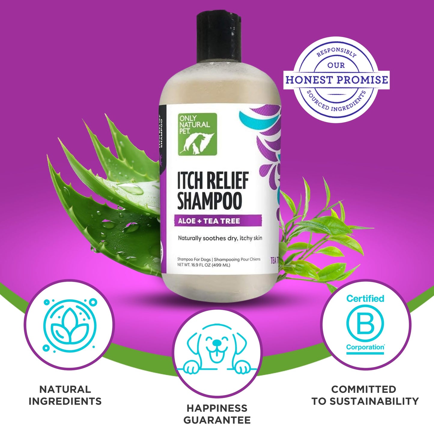 Only Natural Pet Itch Relief Shampoo with Aloe + Tea Tree for Dogs, Oatmeal Dog Shampoo for Dry Itchy Skin Allergies, Anti Itch Sensitive Skin No Sulfates, Parabens, Phosphates, Phthalates - 16.9 Oz