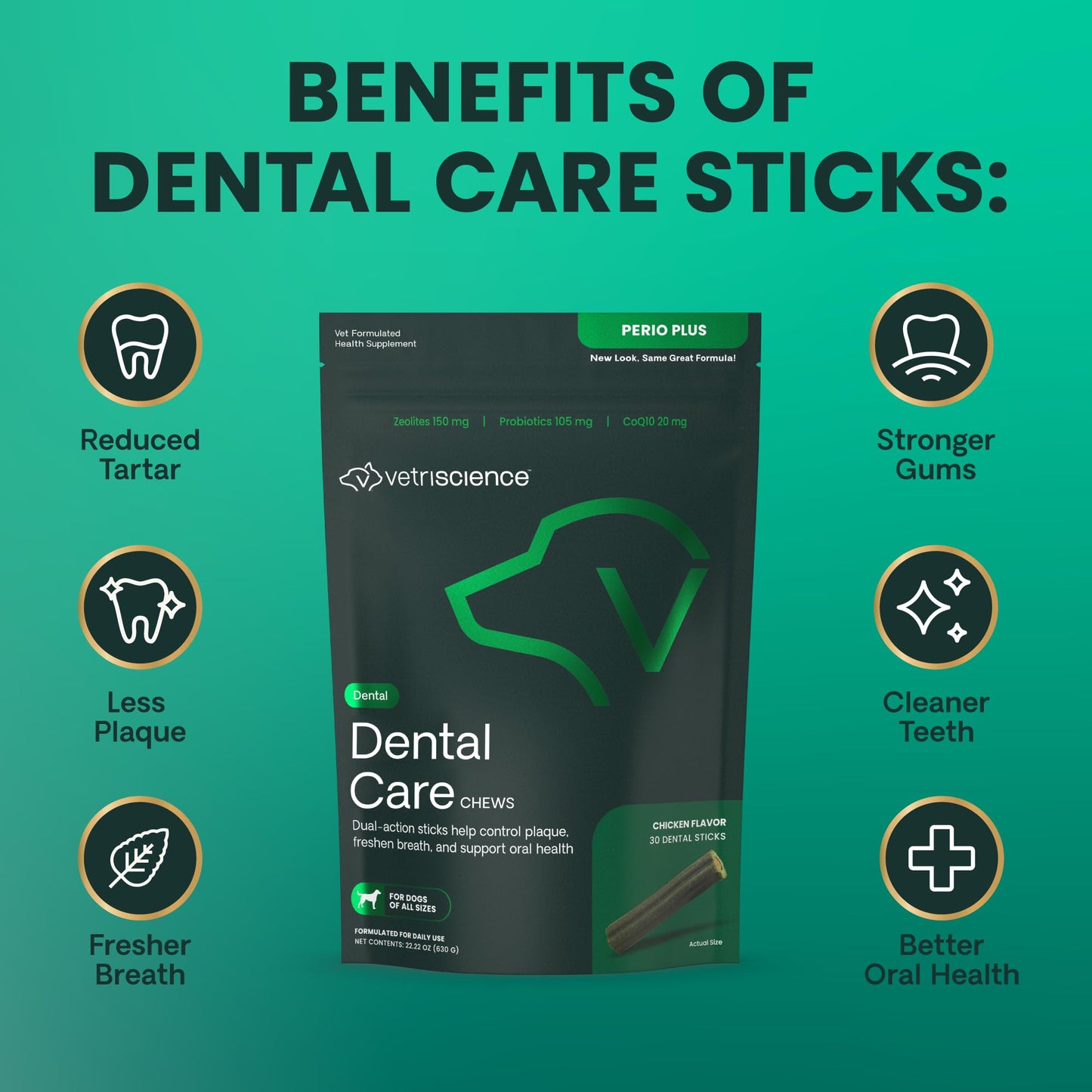 VetriScience Healthy Mouth Dental Chews, Perio Plus Sticks for Dogs, with Probiotics, Spirulina & Zeolites, Breath Freshening, Plaque & Tartar Control, Chicken, 30 Count