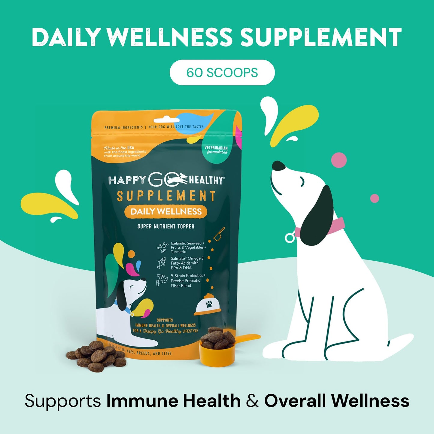 Happy Go Healthy Daily Wellness Supplements for Dogs | Probiotic & Prebiotic Benefits with Fish Oil & Seaweed to Keep Your Dog Beaming All Day Long | All Breeds and Sizes | 60 Count