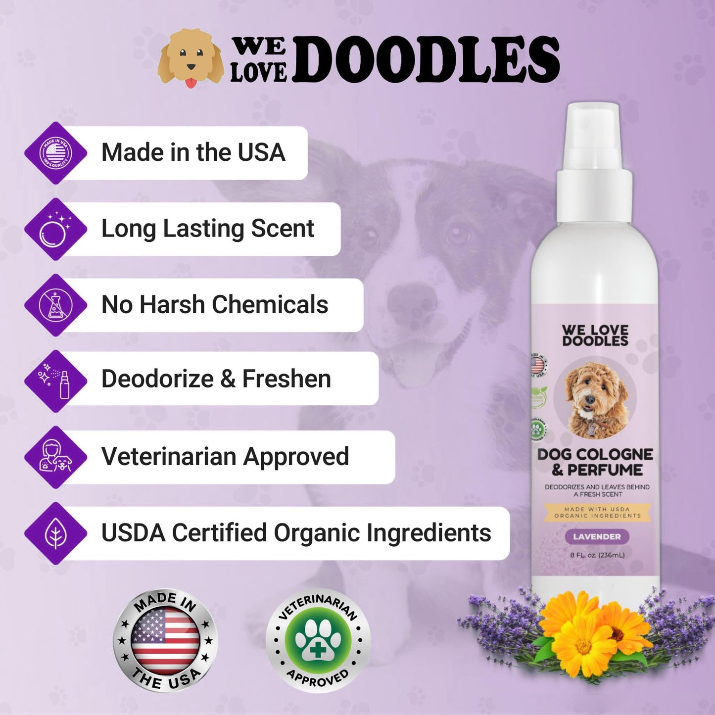 We Love Doodles Hypoallergenic Dog Shampoo and Dog Cologne - Organic Ingredients | Sensitive Skin & Allergies | Long Lasting After Bath Deodorant | Odor Eliminator Spray Puppies | Made in USA