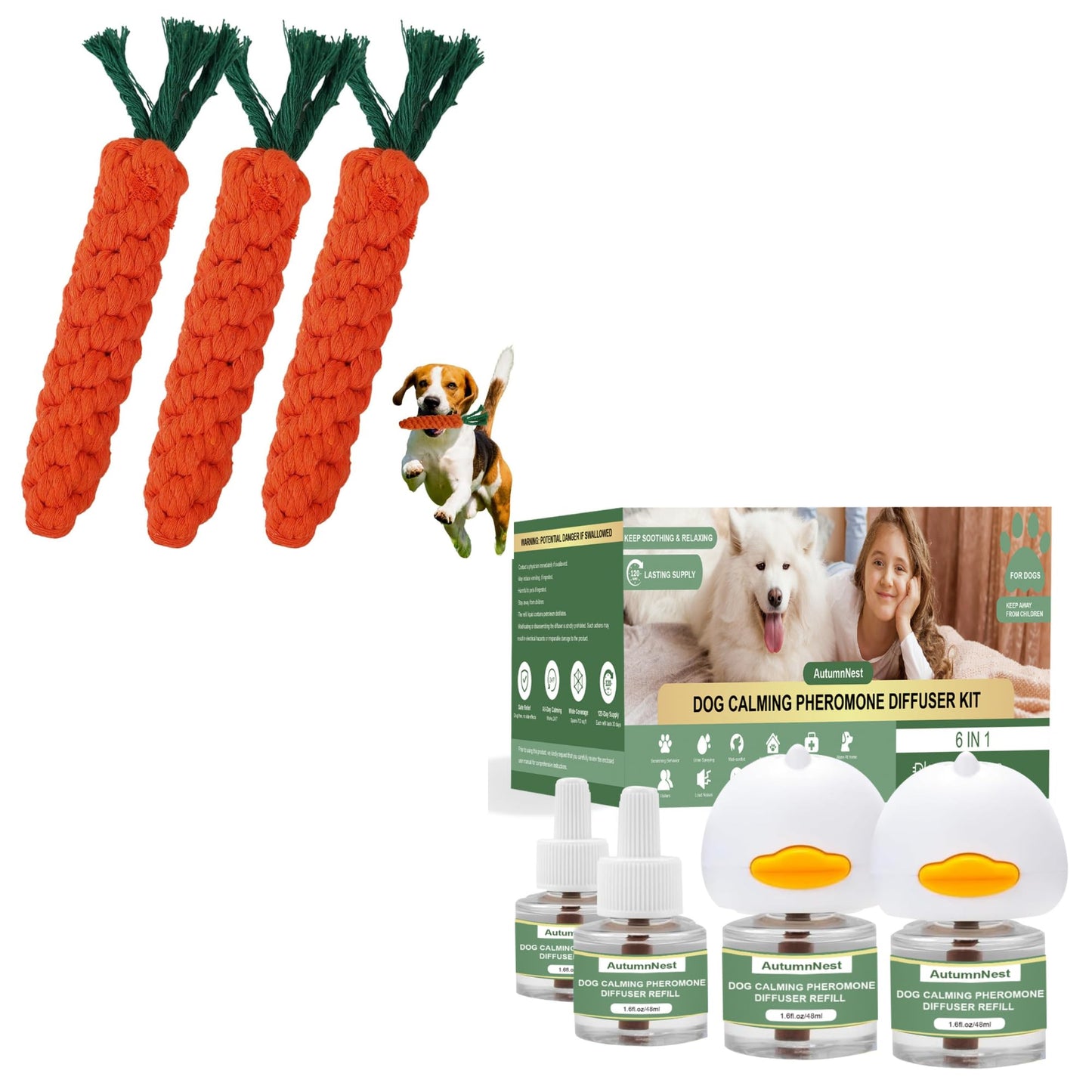 AutumnNest Dog Calming Diffuser Kit with 2 Plug-Ins & 4 Refills (48ml Each) + 3PCS Orange Woven Pet Chew Toys – Pheromone Stress Relief & Puppy Teething Bundle