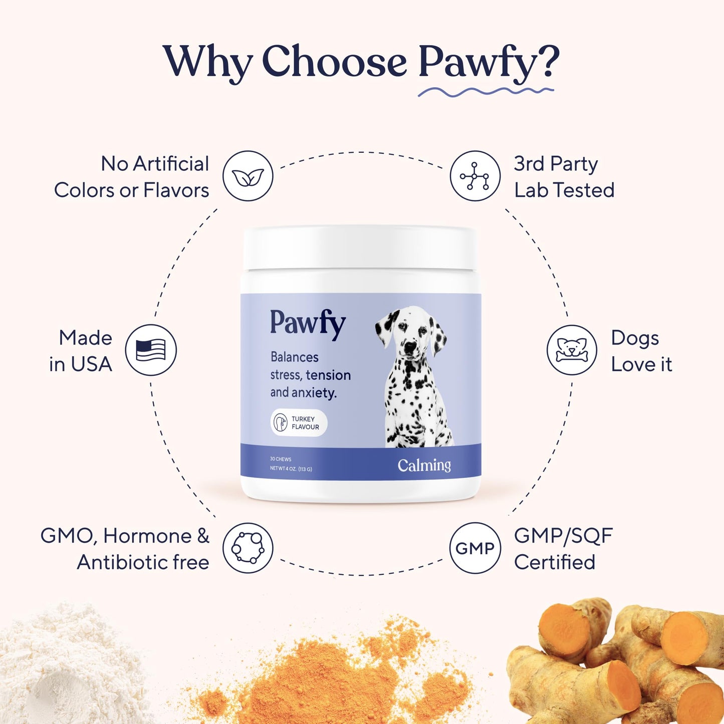 Pawfy Calming Chews for Dogs | Natural Dog Calming Chews - Supports Relaxation and Calm Behavior | Helps with Thunder, Separation, Chewing & Barking | Soothing Aid for Fireworks - 30 Turkey Treats