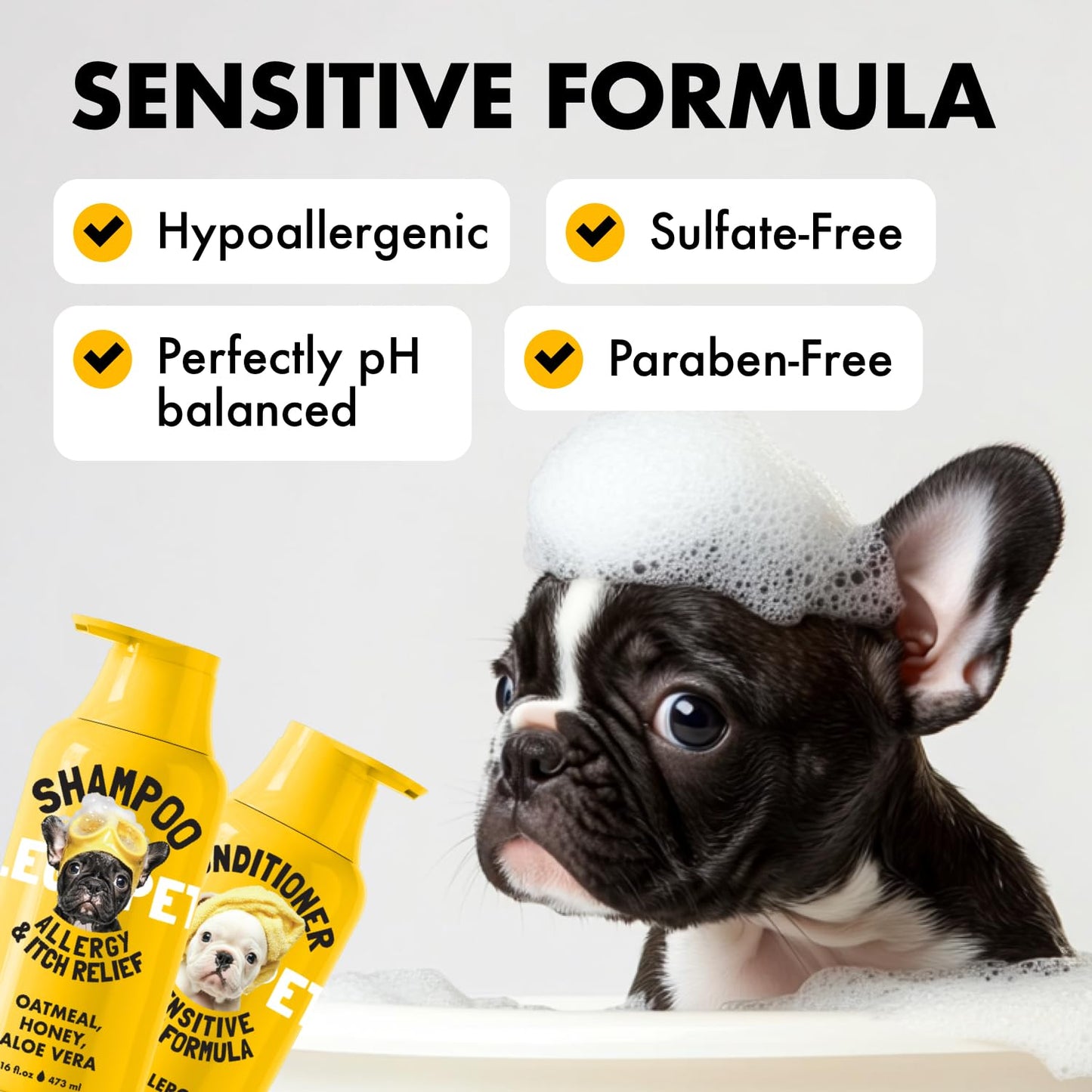 LEGITPET Oatmeal Dog Shampoo & Conditioner Itch & Allergy Relief with Honey & Aloe Hypoallergenic Gentle Calming Formula for Sensitive Skin & Dandruff Safe for Puppies Best for All Breeds 2 x 16oz