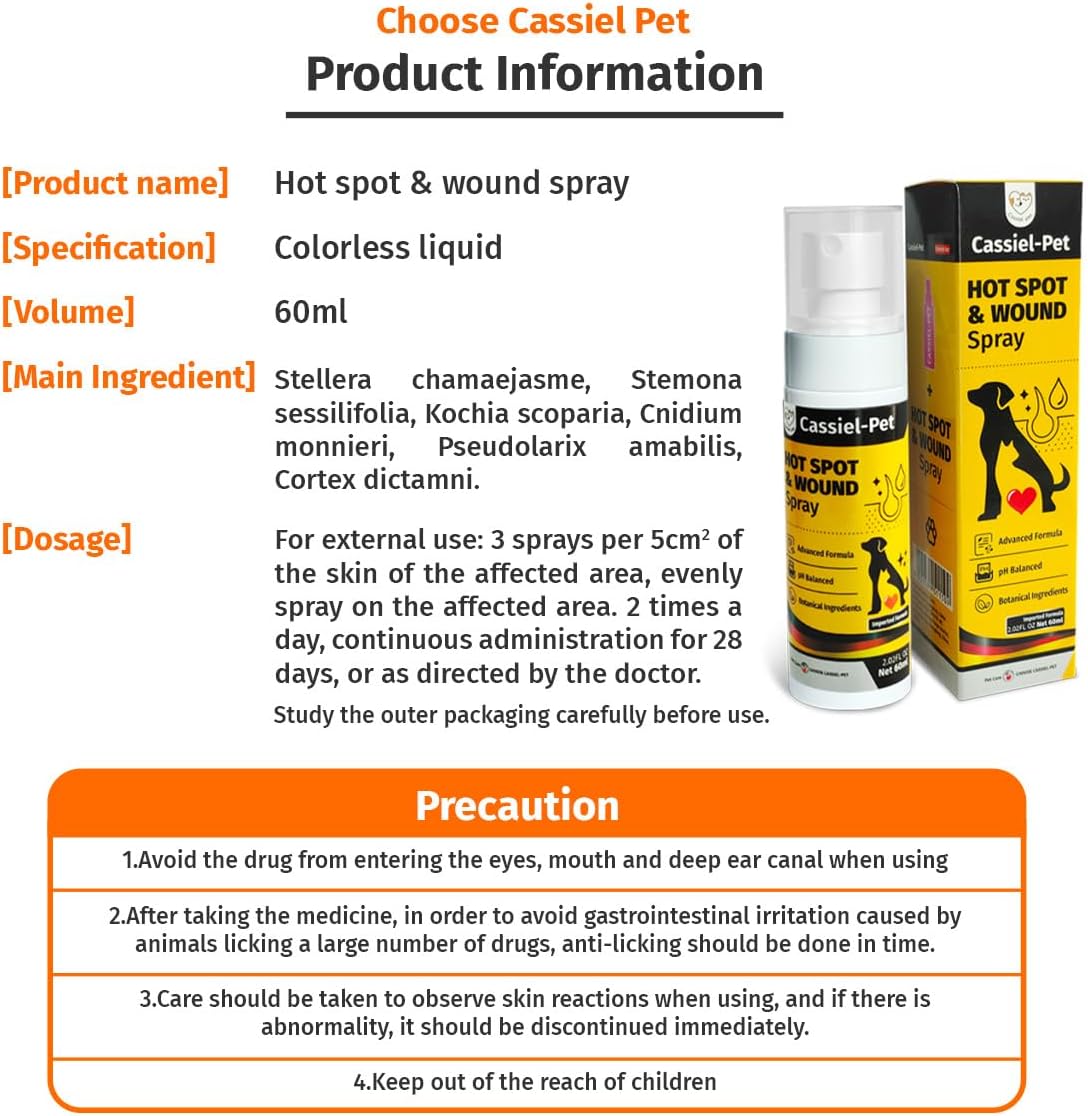 Cassiel pet Hot Spot Spray for Dogs, Itch Relief Spray & Hot Spot Treatment for Dogs, Cats, Helps Alleviate Sensitive Skin, Scratching, and Licking of Coat, for All Animals, 2.02oz