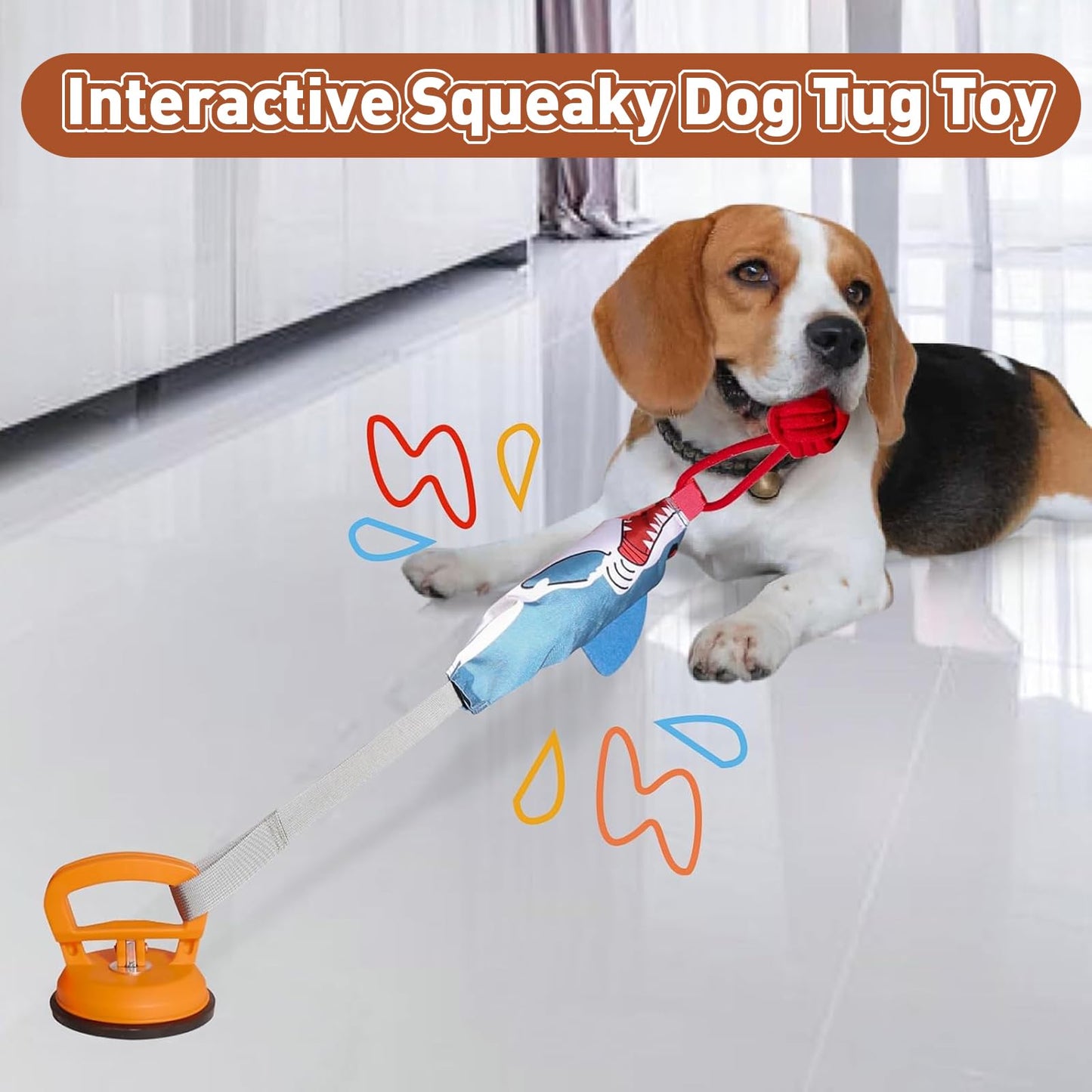ETIAL Squeaky Dog Tug Toy, Interactive Shark Shape Tug of War Pet Pull Toy with Suction Cup to Keep Them Busy, Teeth Cleaning Dog Rope Toys for Small Medium Puppy Indoor or Outdoor Play