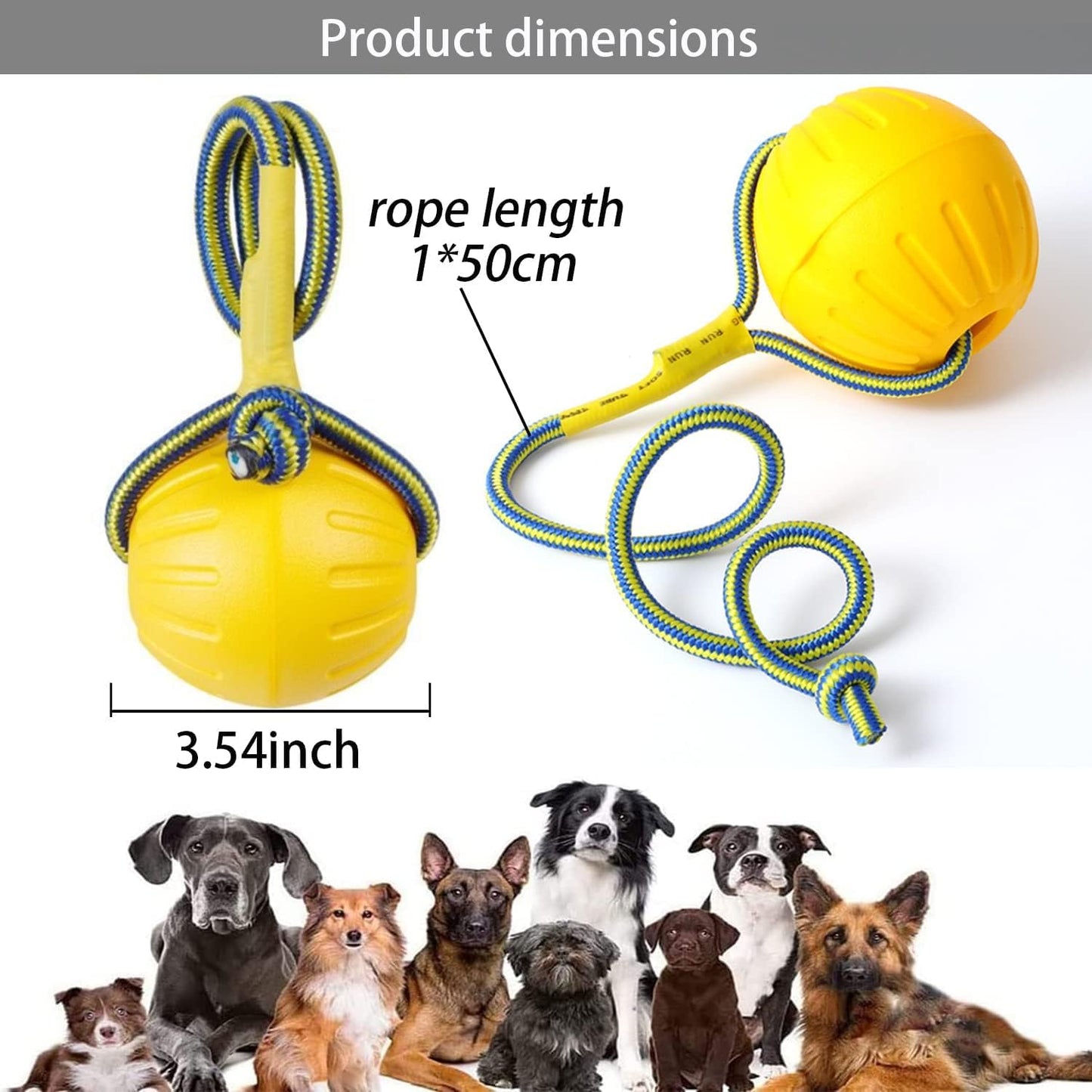 Dog Toy On a Rope, Floating Foam Ball With Rope, Tug Toy for Small Medium Large Dogs Fetch, Catch, Throw, Training (Yellow)