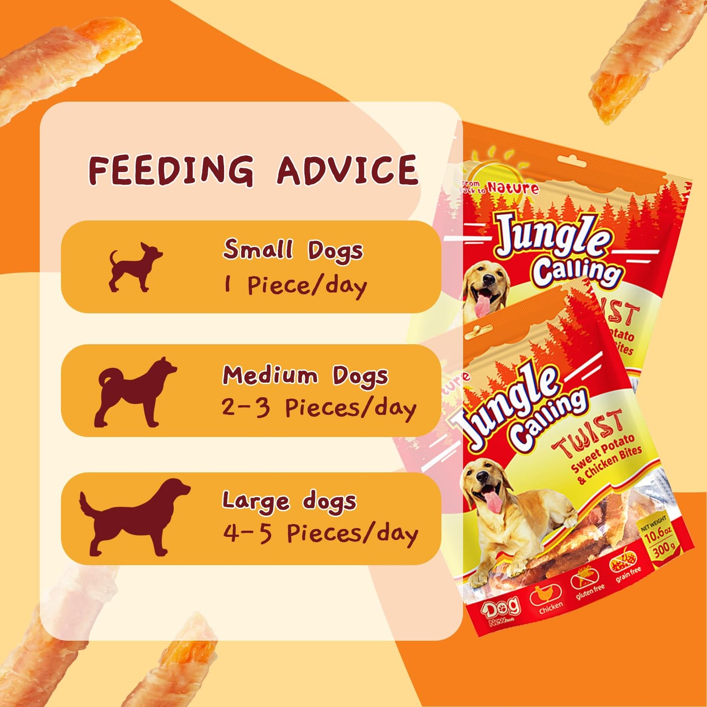 Jungle Calling Dog Treats, Skinless Chicken Wrapped Sweet Potato, Gluten and Grain Free, Chewy Dog Bites for Balanced Nutrition, 6 oz