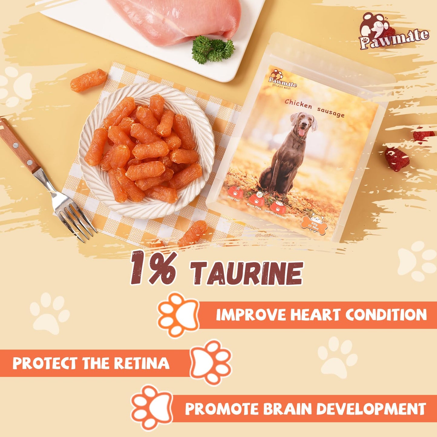 Pawmate Dog Treats Chicken Sausages, Natural Chicken Jerky Training Treats with Glucosamine, Chondroitin, MSM and Taurine, Low Fat Soft Chewy Snacks for Small Medium Dogs, 10.6 oz