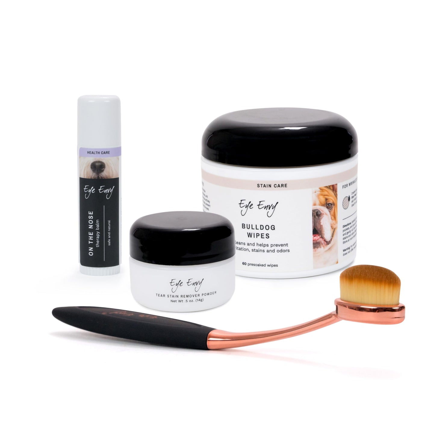 Eye Envy Bulldog Wrinkle Cleaner & Nose Care Kit. Bulldog Wrinkle Wipes, Tear Stain Powder, Applicator Brush & Dog Nose Balm. Cleans Skin Folds. Removes Stains. Helps Cracked Noses. Made in USA