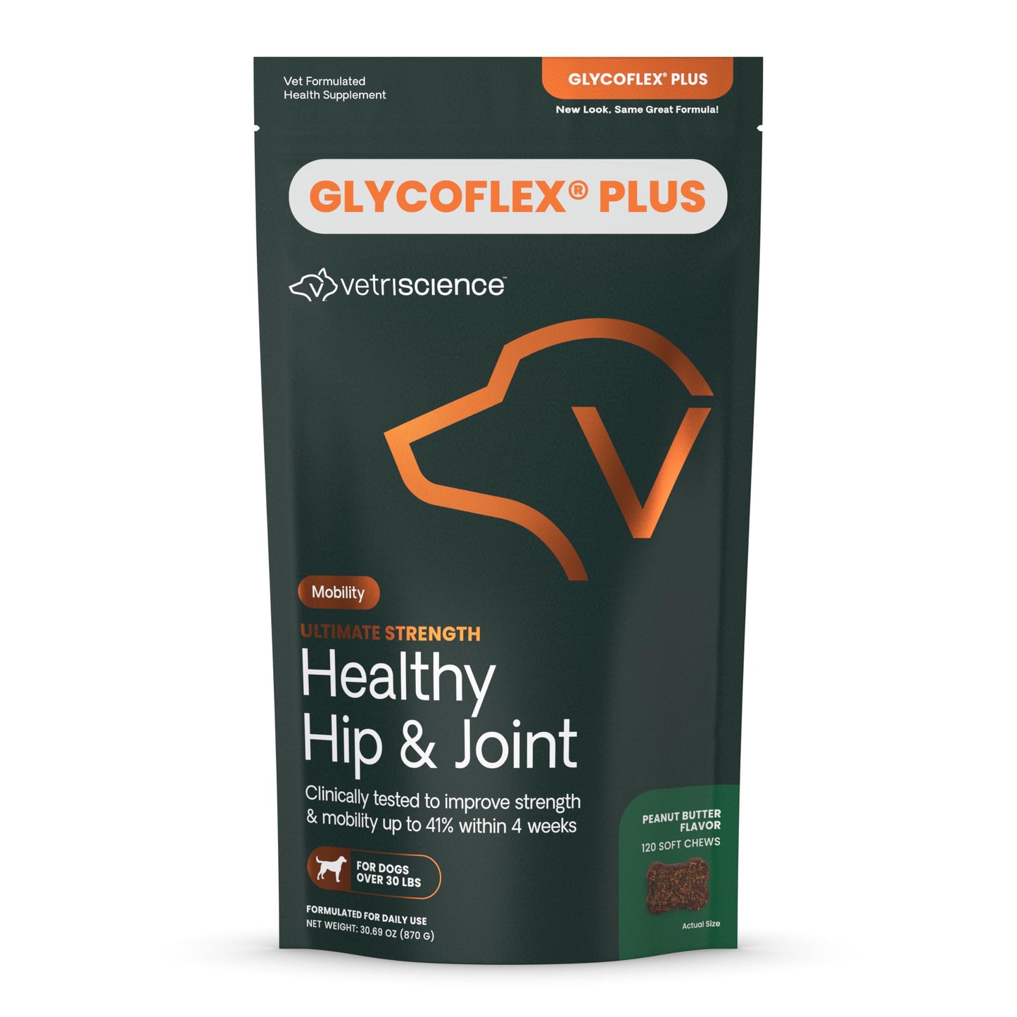 VetriScience Ultimate Strength Healthy Hip & Joint Chews, GlycoFlex Glucosamine, Chondroitin & Green-Lipped Mussel Joint Support Supplement for Dogs, Soothe Joint Discomfort, Peanut Butter, 120 Count