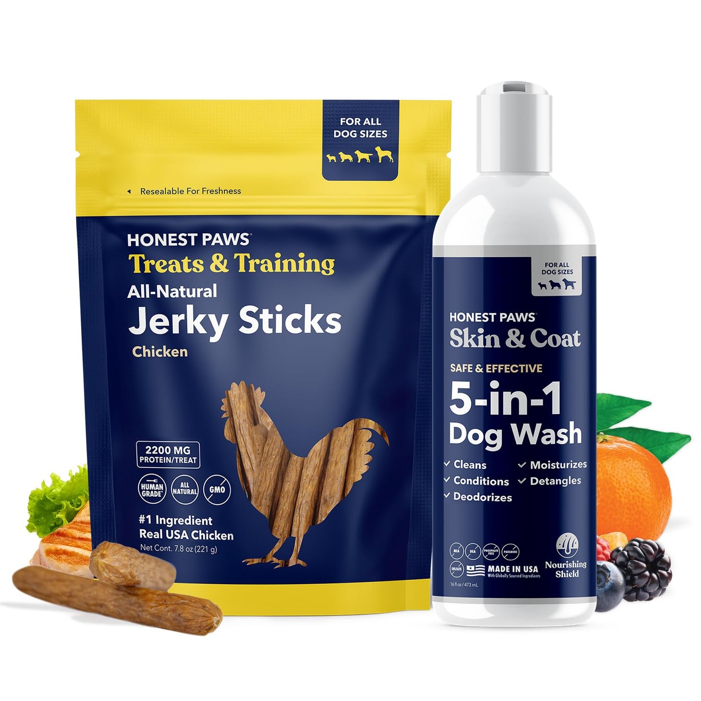 Honest Paws Dog Shampoo and Jerky Treats - Premium Dog Wash and Training Treats - Cleanse, Detangle, Condition, Moisturizing, and Deodorize - Human Grade Treats