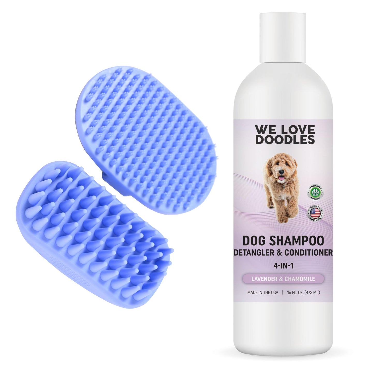 We Love Doodles Bundle 4-in-1 Non-Organic Dog Shampoo (Lavender & Chamomile) and Dog Bath Brush - Pet Rubber Brush for Shower Scrubbing & Soothing Massage, Essential Puppy Grooming Accessories