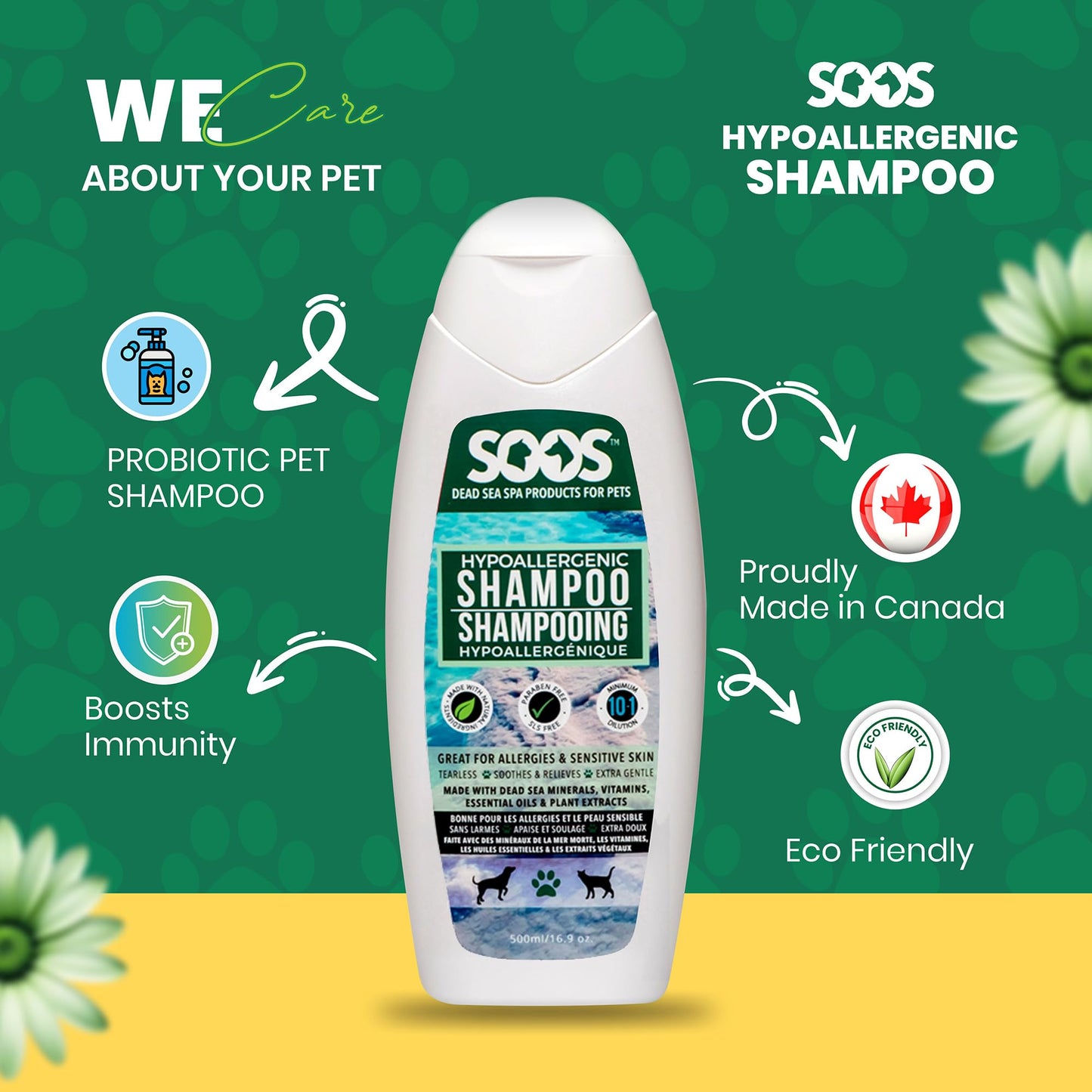 Soos Pet Dog Shampoo for Cats and Pets Hypoaller-genic Natural Dead Sea Minerals Fast Absorbing with Vitamins Essential Oils Natural Elements Antiba-cterial - 1x Pet Shampoo (500ml)
