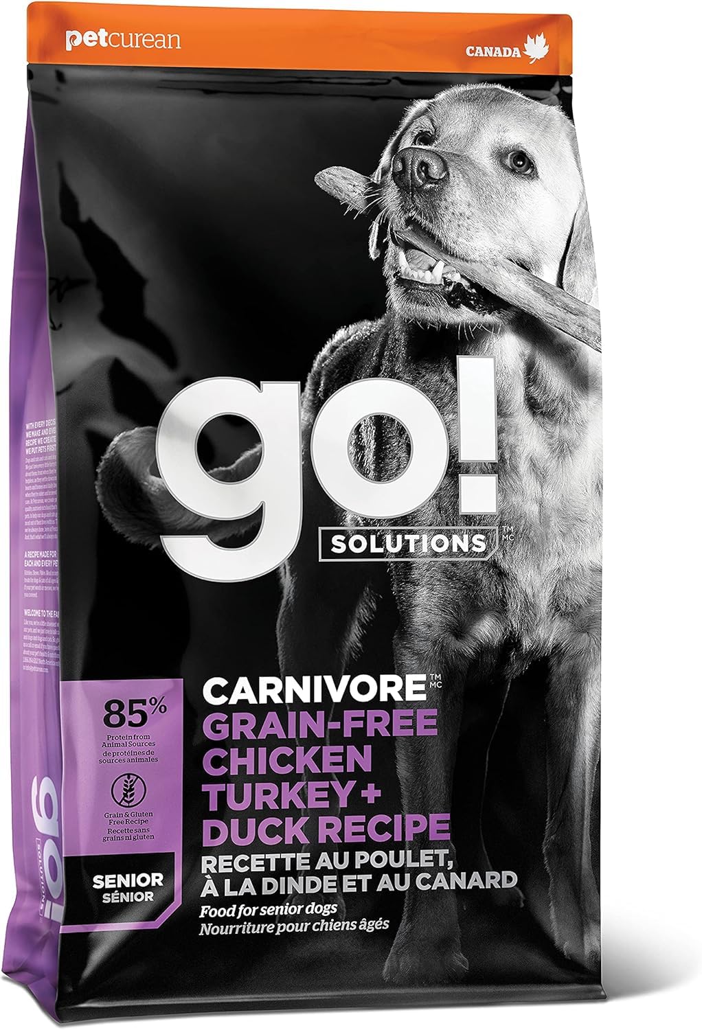 Go! Solutions Carnivore, Grain-Free, Protein Rich Dry Dog Food, Chicken, Turkey and Duck Senior Recipe, 3.5 lb Bag