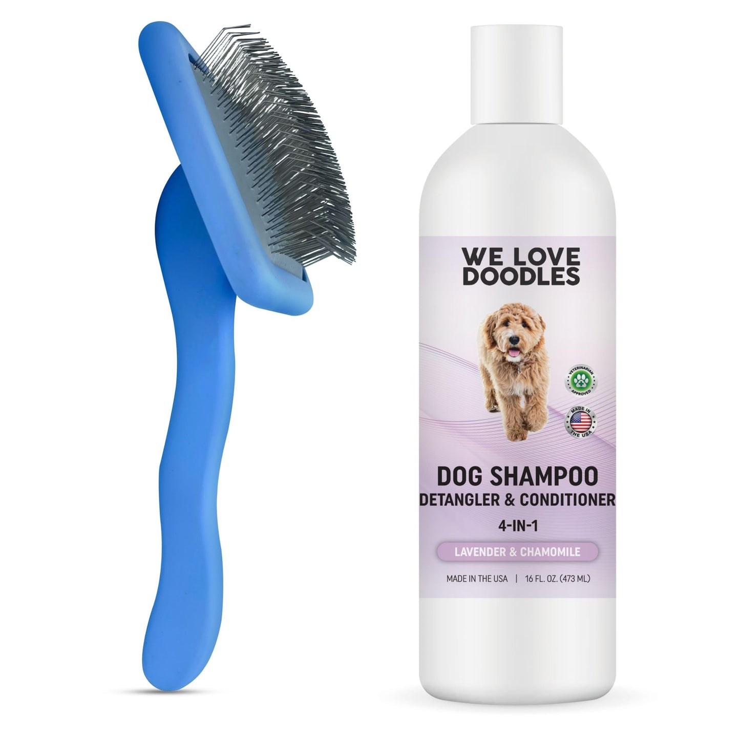 We Love Doodles Bundle 4-in-1 Non-Organic Dog Shampoo (Lavender & Chamomile) & Large Slicker Brush - Long Pin Brush for Dematting, Best Brushes for Poodle & Golden Doodle, Long Haired Brush for Dogs