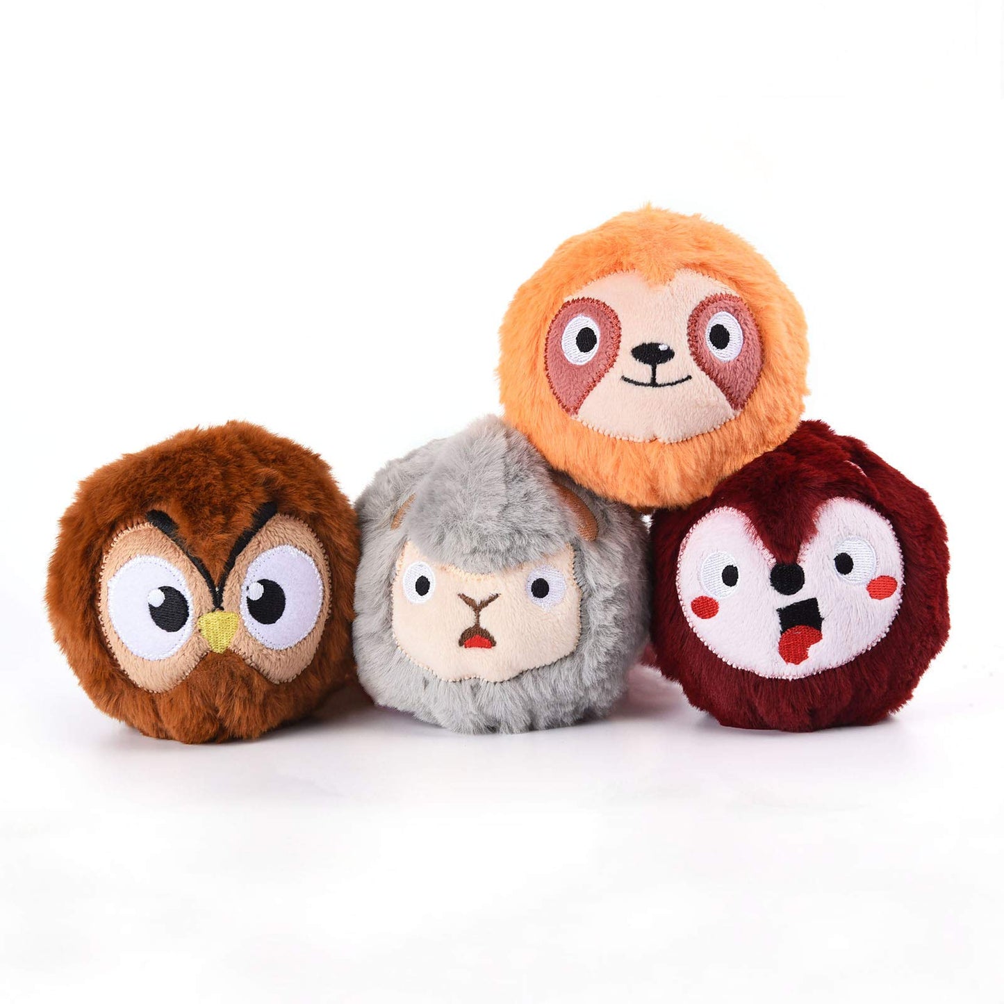 HugSmart Pet Zoo Ball (4-Pack) Plush and Squeaky Tennis Ball for Dog | No Stuffing Tough Interactive Fetch Dog Toys for Small Medium Large Dogs (Fox, Owl, Sloth, Sheep)