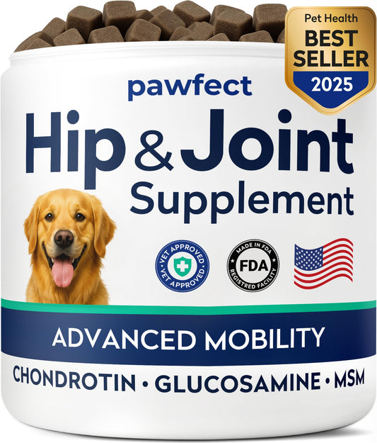 Pawfect Mobility Glucosamine Chews for Dogs - Hip & Joint Health Supplement Chews w/Omega-3, Chondroitin, MSM - Made in USA - Joint Pain Relief - Hip & Joint Care - 120ct