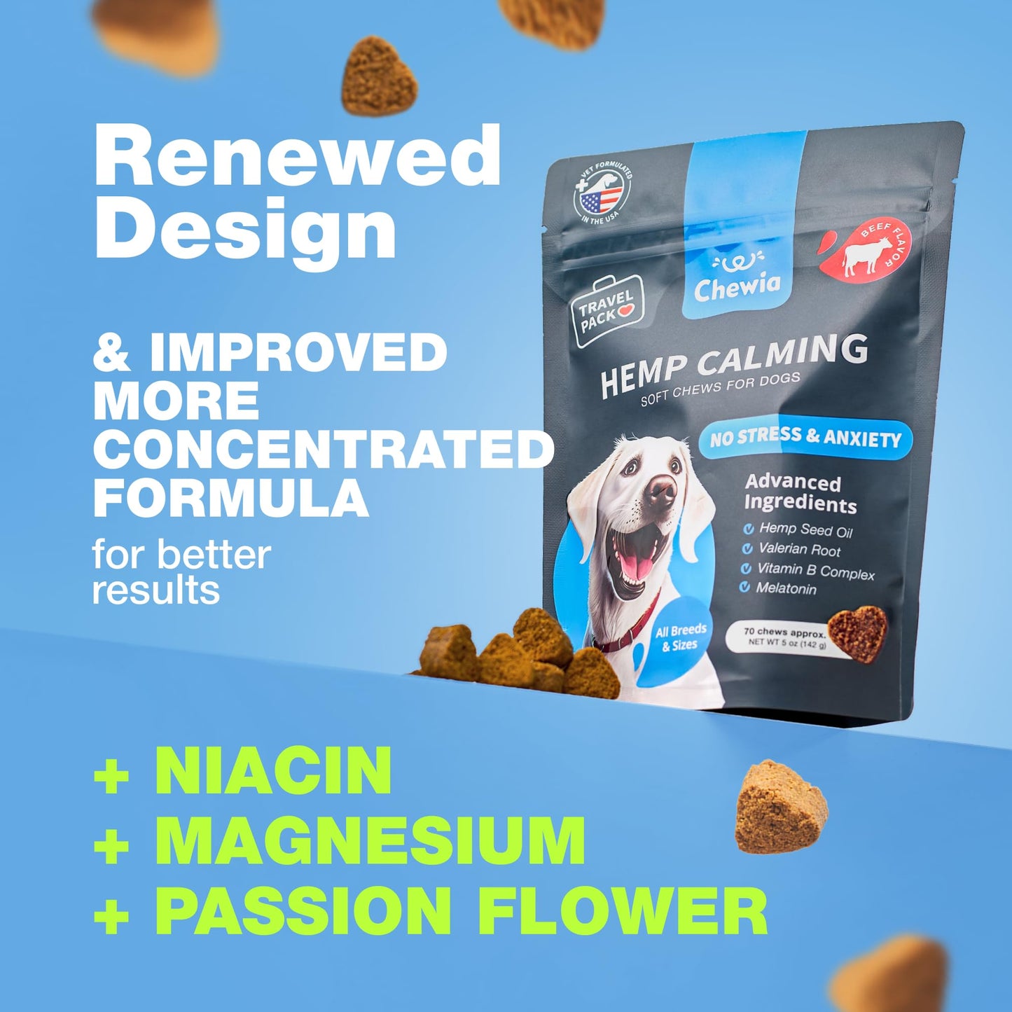 Hemp Calming Chews for Dogs Anxiety Relief - Dog Calming Treats with Melatonin, Chamomile Extract, Valerian Root - Travel Pack - Anxiety Relief Chews for Vet Visits, Grooming, Nail Trimming, Storms