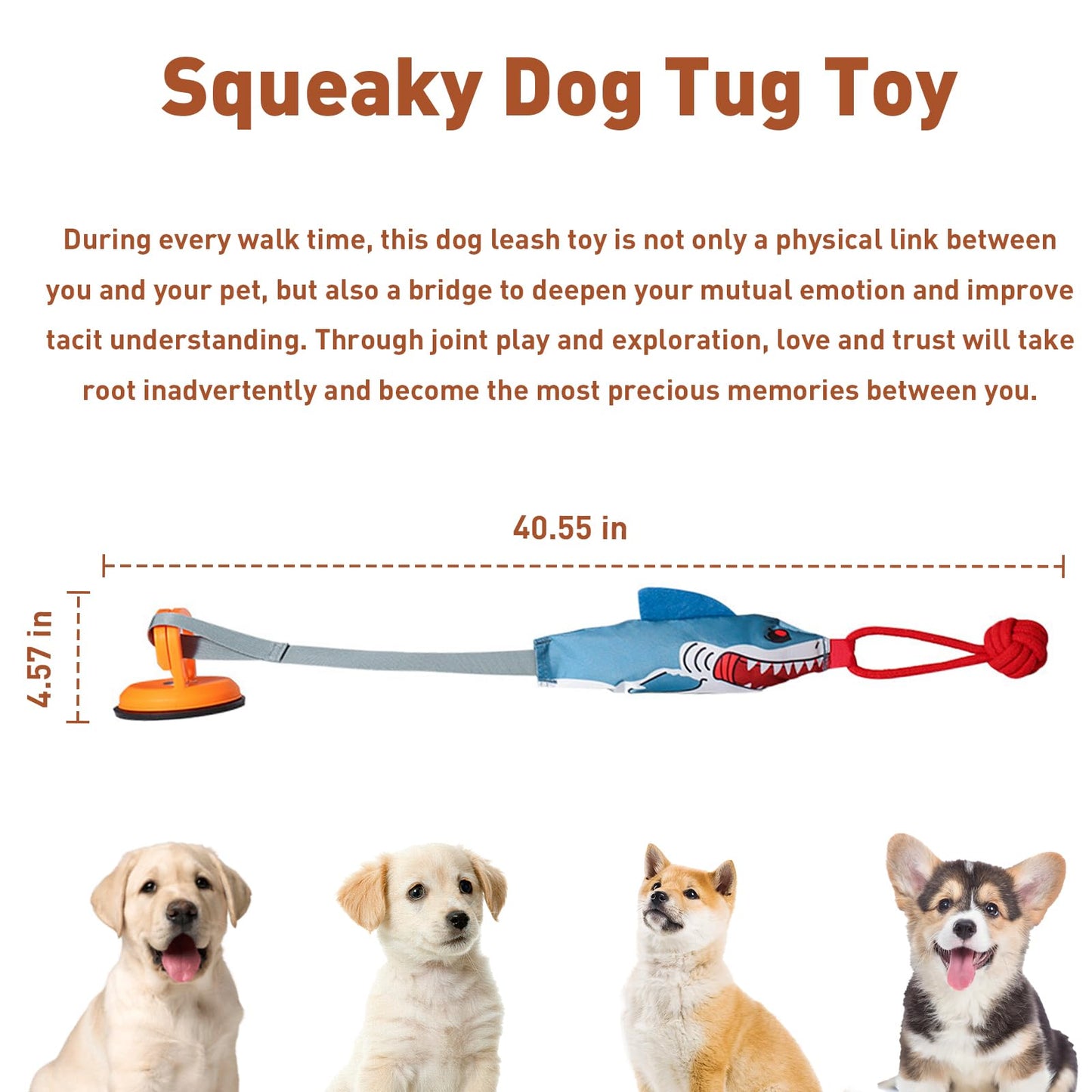 ETIAL Squeaky Dog Tug Toy, Interactive Shark Shape Tug of War Pet Pull Toy with Suction Cup to Keep Them Busy, Teeth Cleaning Dog Rope Toys for Small Medium Puppy Indoor or Outdoor Play