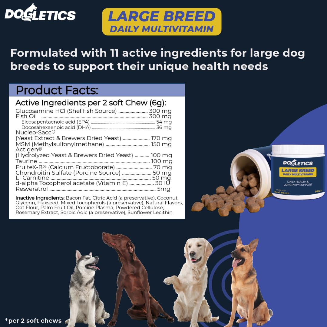 Large Breed Daily Multivitamin - Formulated for Large Dogs & Their Unique Health Needs, 90ct Delicious Bacon Flavor