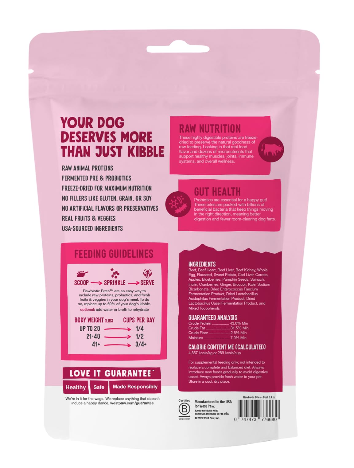 WEST PAW Rawbiotic Bites Beef – Probiotic Dog Food Toppers for Dry Food, Meal Toppers for Dogs, Perfect for Picky Eaters – Grain-Free, Real Fruits & Veggies - Made in USA